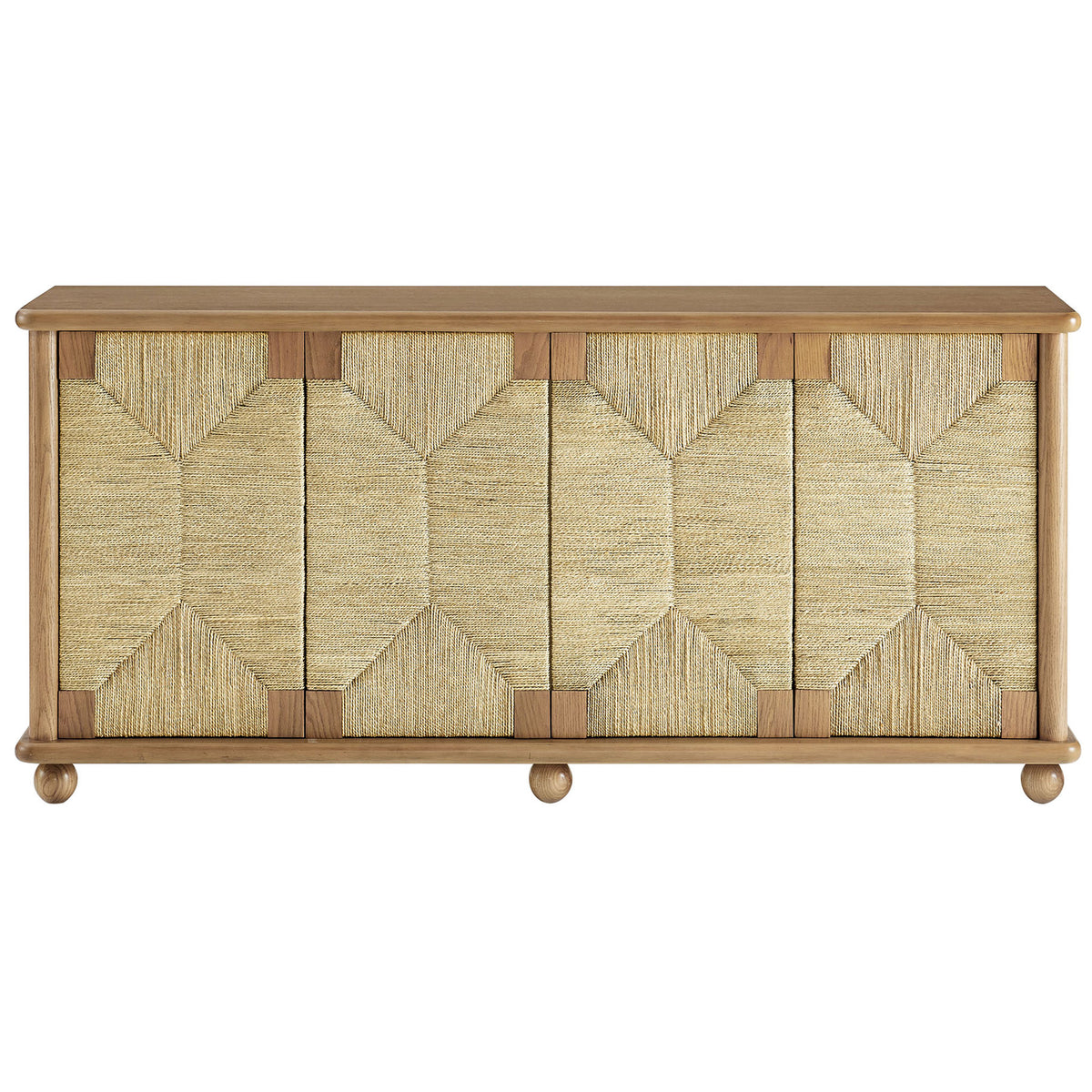 Oak wood sideboard with woven seagrass doors and rounded ball feet for warm, textural living room storage || EEI-7451-OAK || front_studio