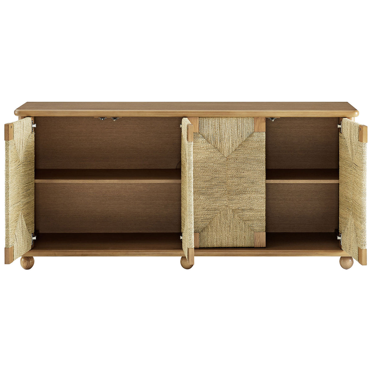 Oak sideboard with seagrass doors open to reveal spacious adjustable shelving for media and decor || EEI-7451-OAK || front_open_studio