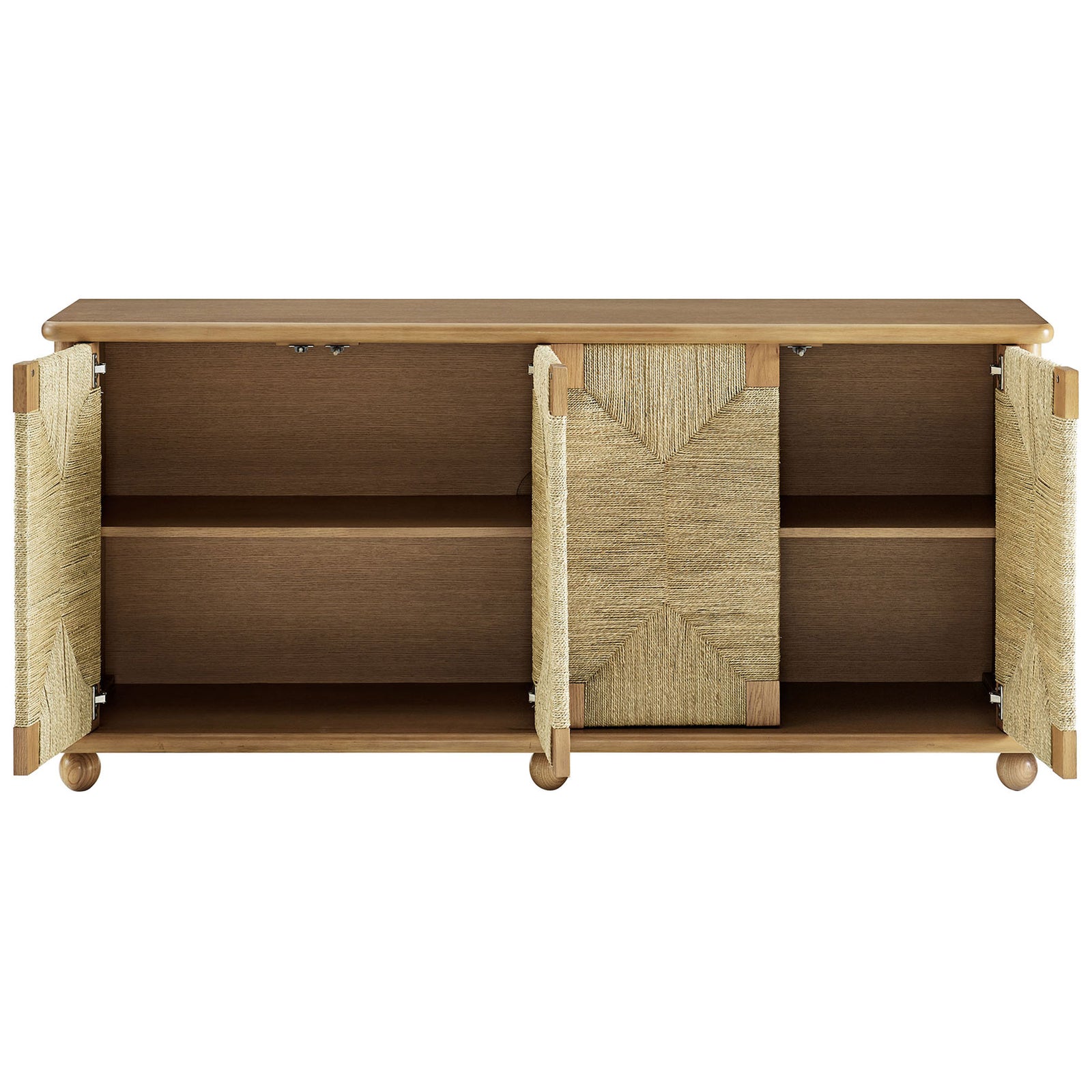 Oak sideboard with seagrass doors open to reveal spacious adjustable shelving for media and decor || EEI-7451-OAK || front_open_studio