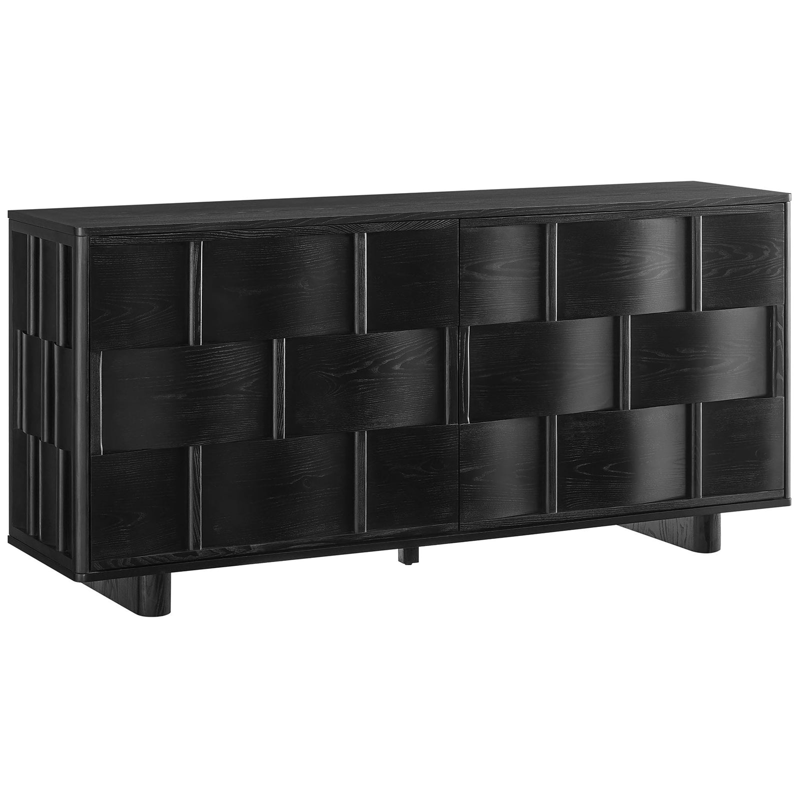 Black woven-front buffet cabinet with sleek modern profile and sturdy block legs || EEI-7452-BLK || front_angle_studio
