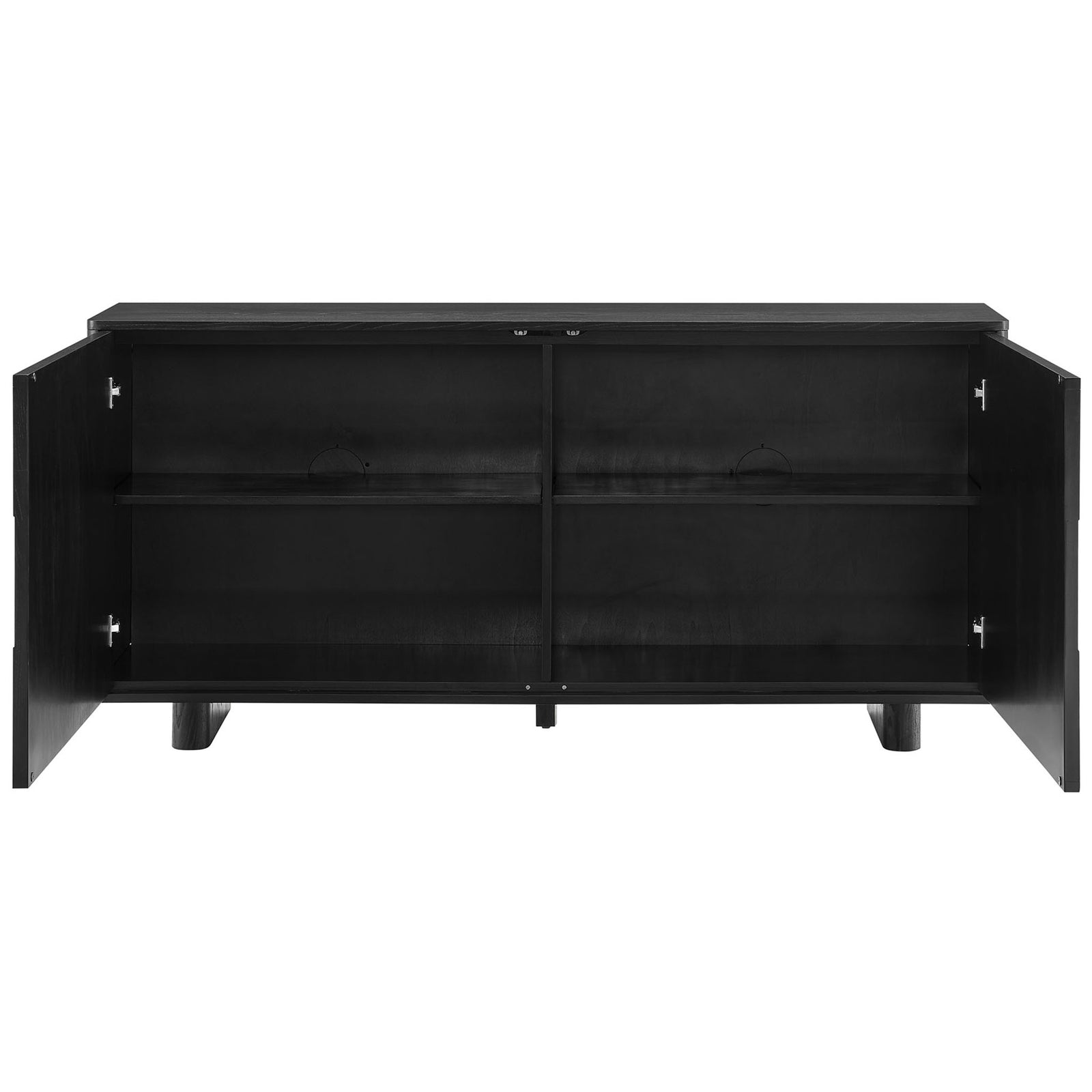 Black buffet cabinet with doors open to reveal adjustable interior shelves and cable cutouts || EEI-7452-BLK || front_open_studio