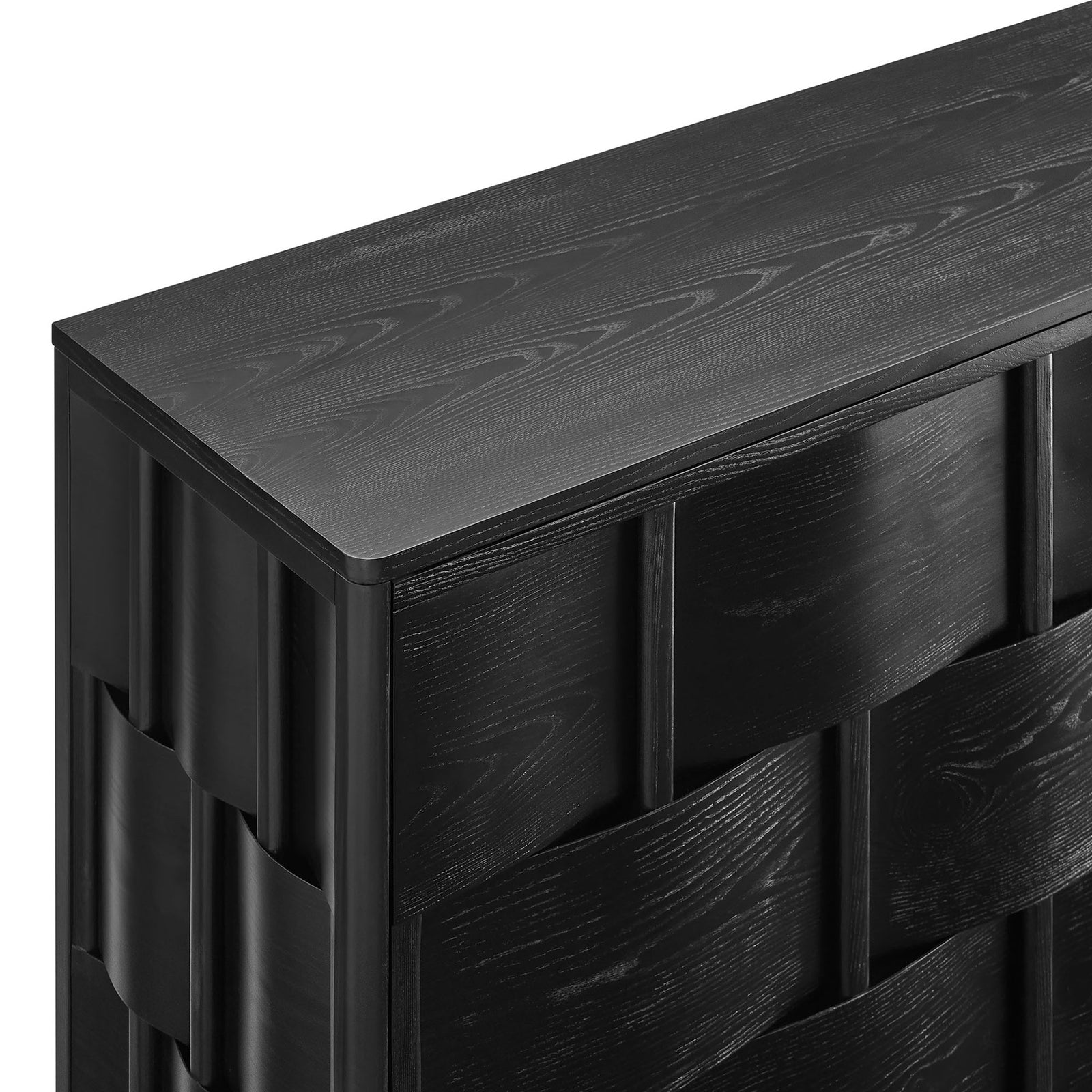 Detail of the black wood grain top and dimensional woven door design of the buffet cabinet || EEI-7452-BLK || detail_studio