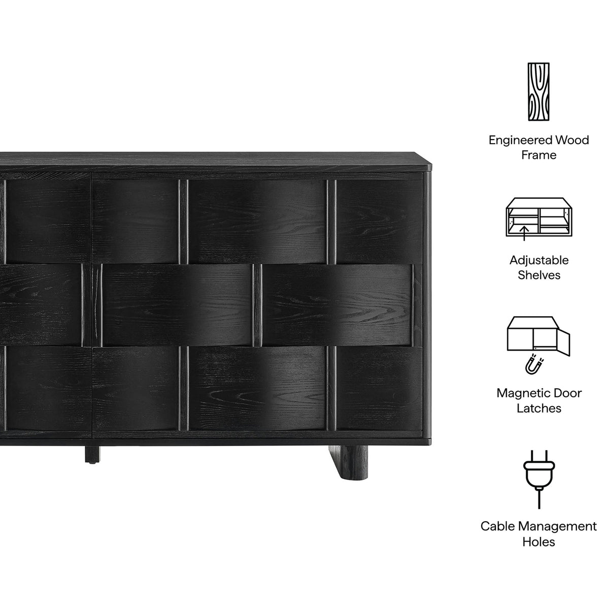 Feature layout highlighting engineered wood frame, adjustable shelves, latches, and cable management || EEI-7452-BLK || callout_studio
