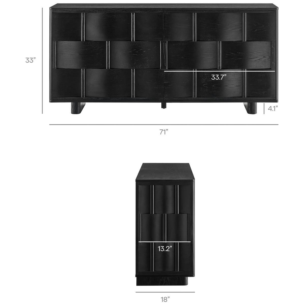 Measurement guide for the black woven buffet cabinet showing width height and depth dimensions || EEI-7452-BLK || dimension_studio