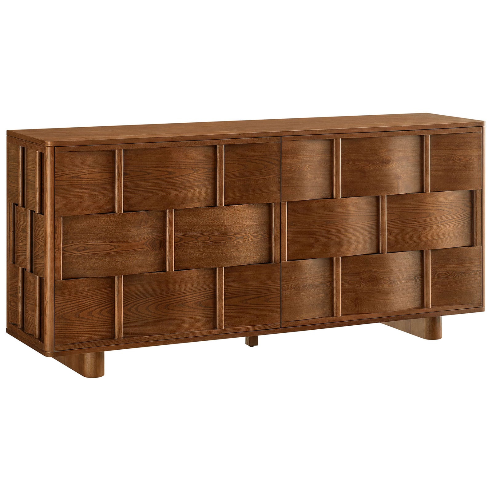 Modern walnut buffet cabinet featuring sculpted woven doors and rounded corners on sturdy block legs || EEI-7452-WAL || front_angle_studio