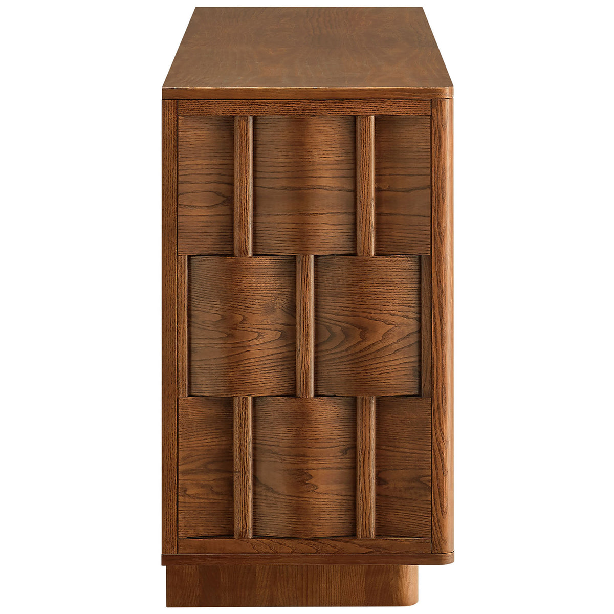 Slim walnut cabinet end showcases the basket-weave paneling and solid plinth-style support || EEI-7452-WAL || side_studio