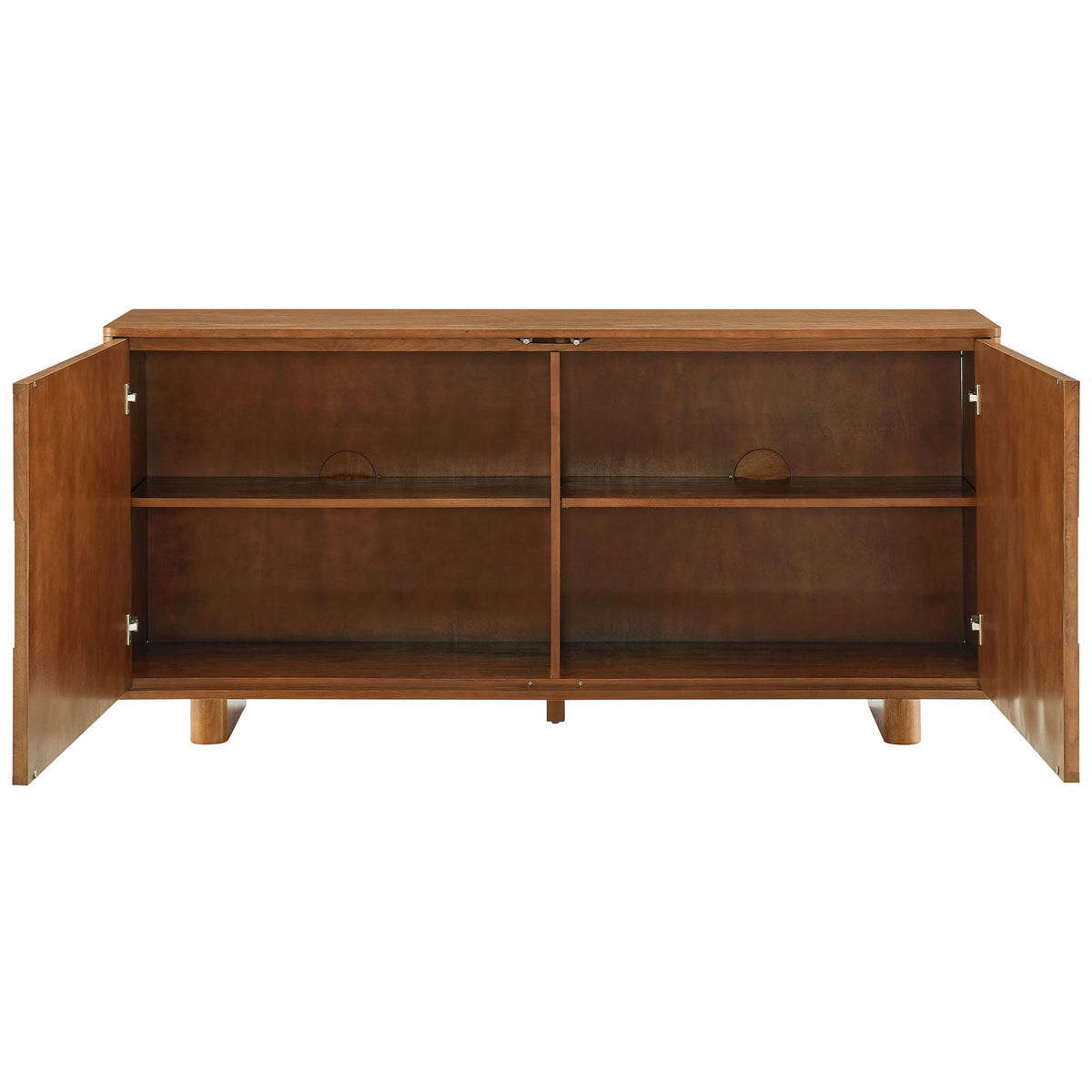Spacious buffet interior with adjustable shelves and cable cutouts for organized media and dining storage || EEI-7452-WAL || front_open_studio