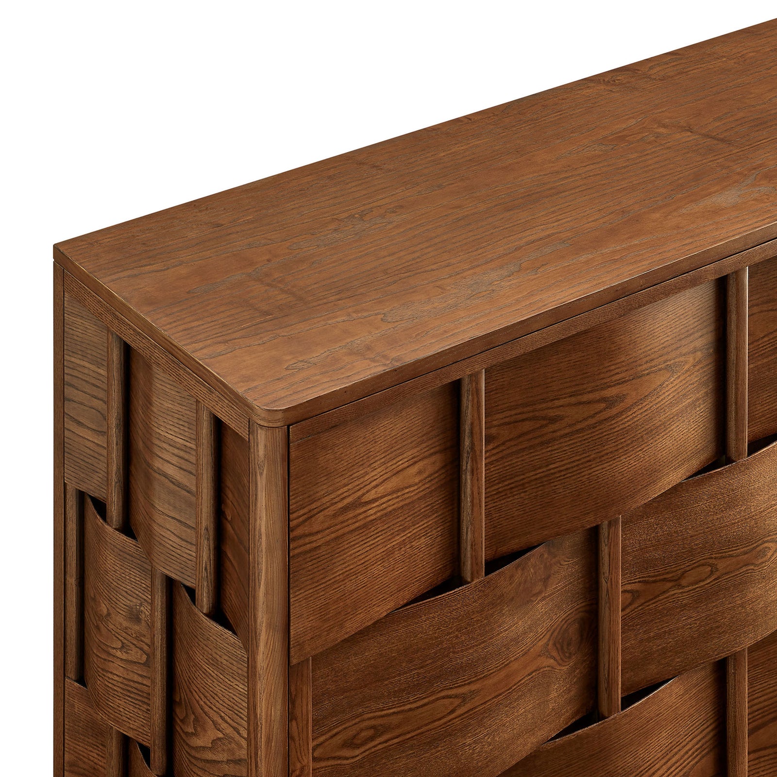 Textured walnut surface and sculpted door panels emphasize the cabinet's woven geometric design || EEI-7452-WAL || detail_studio