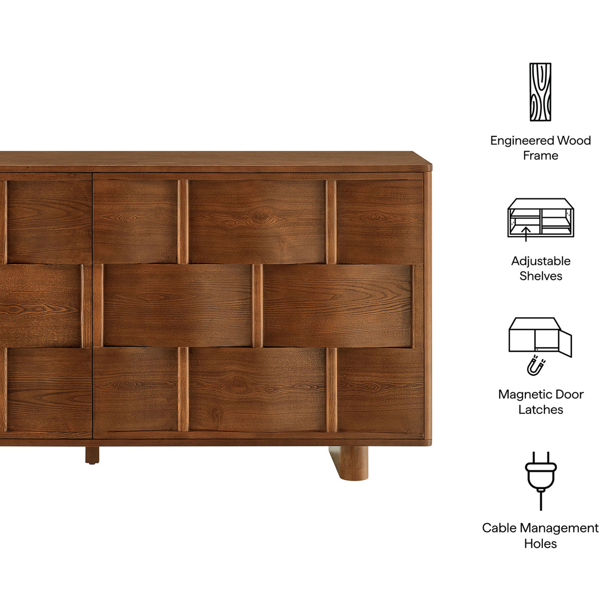 Feature icons highlight engineered wood frame, adjustable shelves, magnetic latches, and cable management || EEI-7452-WAL || callout_studio