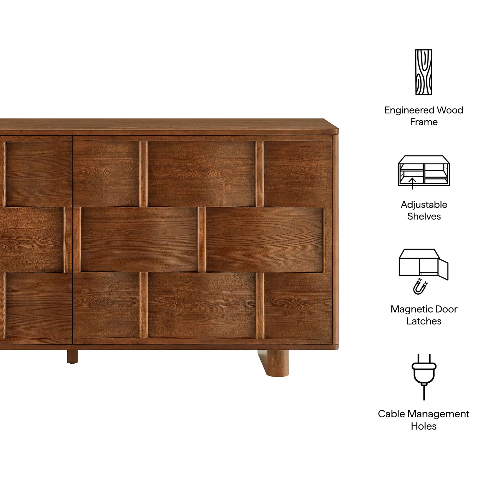 Feature icons highlight engineered wood frame, adjustable shelves, magnetic latches, and cable management || EEI-7452-WAL || callout_studio