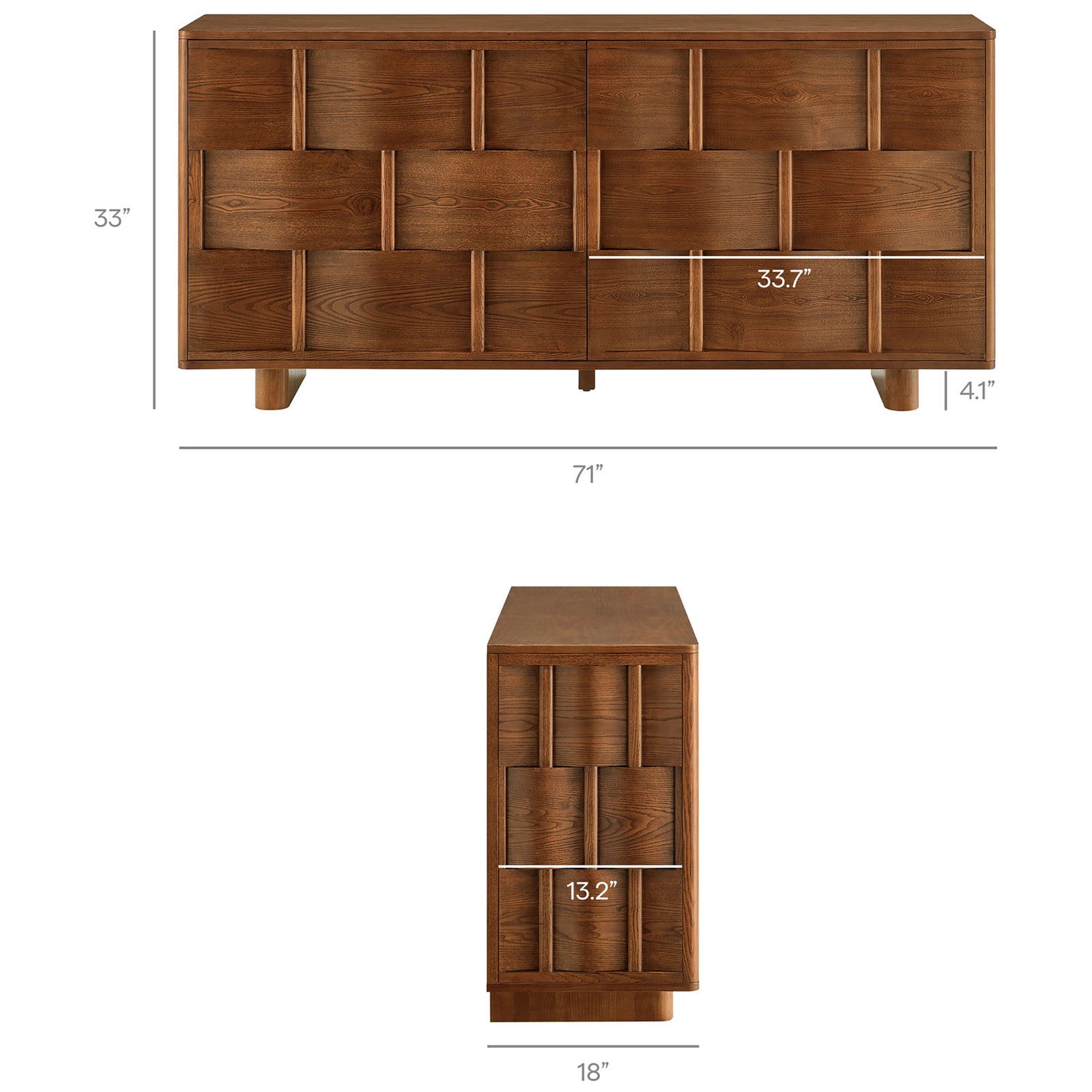 Sizing guide shows the buffet cabinet's overall width, depth, and height measurements in inches || EEI-7452-WAL || dimension_studio
