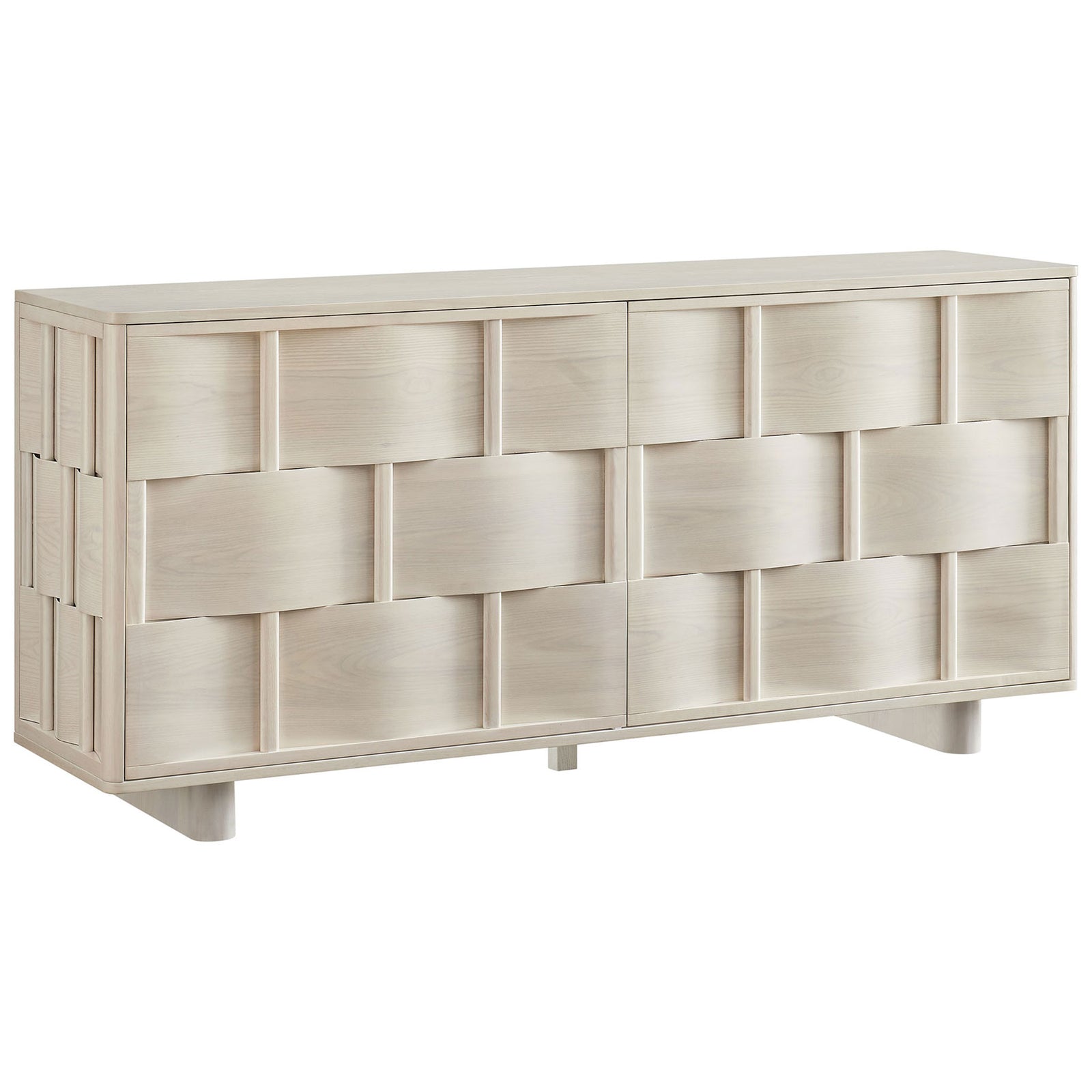 White-wash woven-front buffet cabinet with sculpted block pattern and plinth-style base || EEI-7452-WWA || front_angle_studio