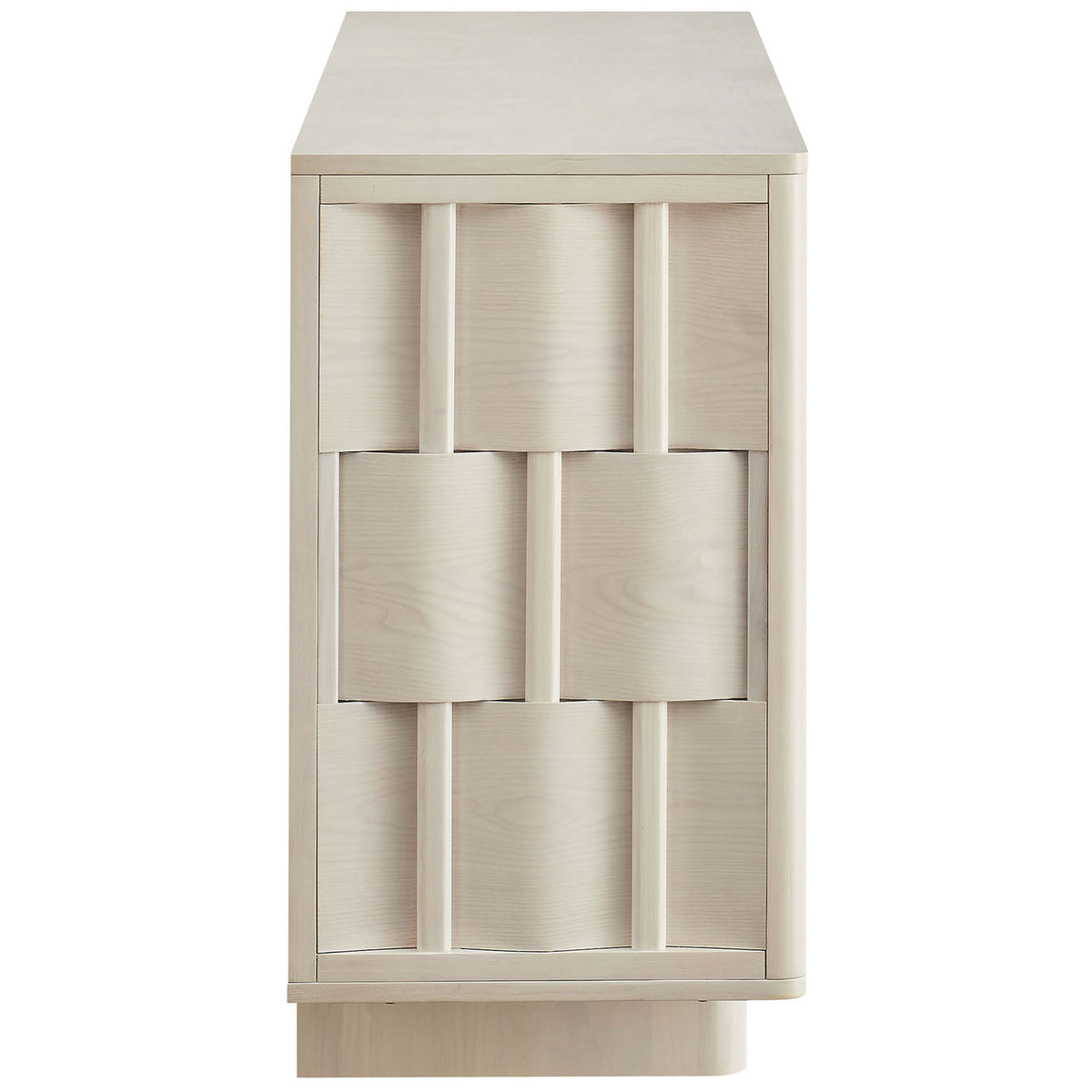 White-wash buffet cabinet showcasing the woven side panel design and smooth rounded edges || EEI-7452-WWA || side_studio