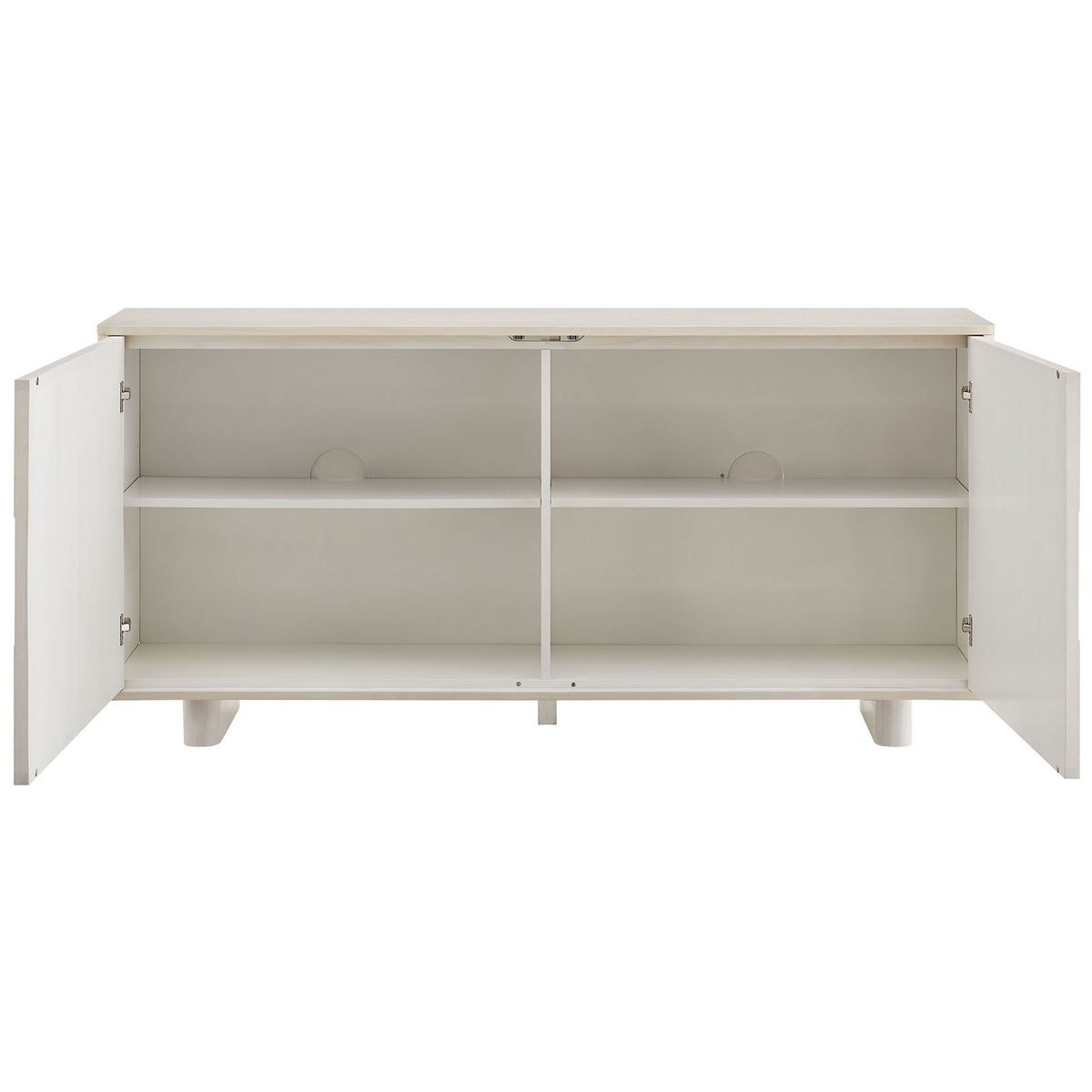 White-wash buffet cabinet with both doors open revealing adjustable shelves and cable management cutouts || EEI-7452-WWA || front_open_studio