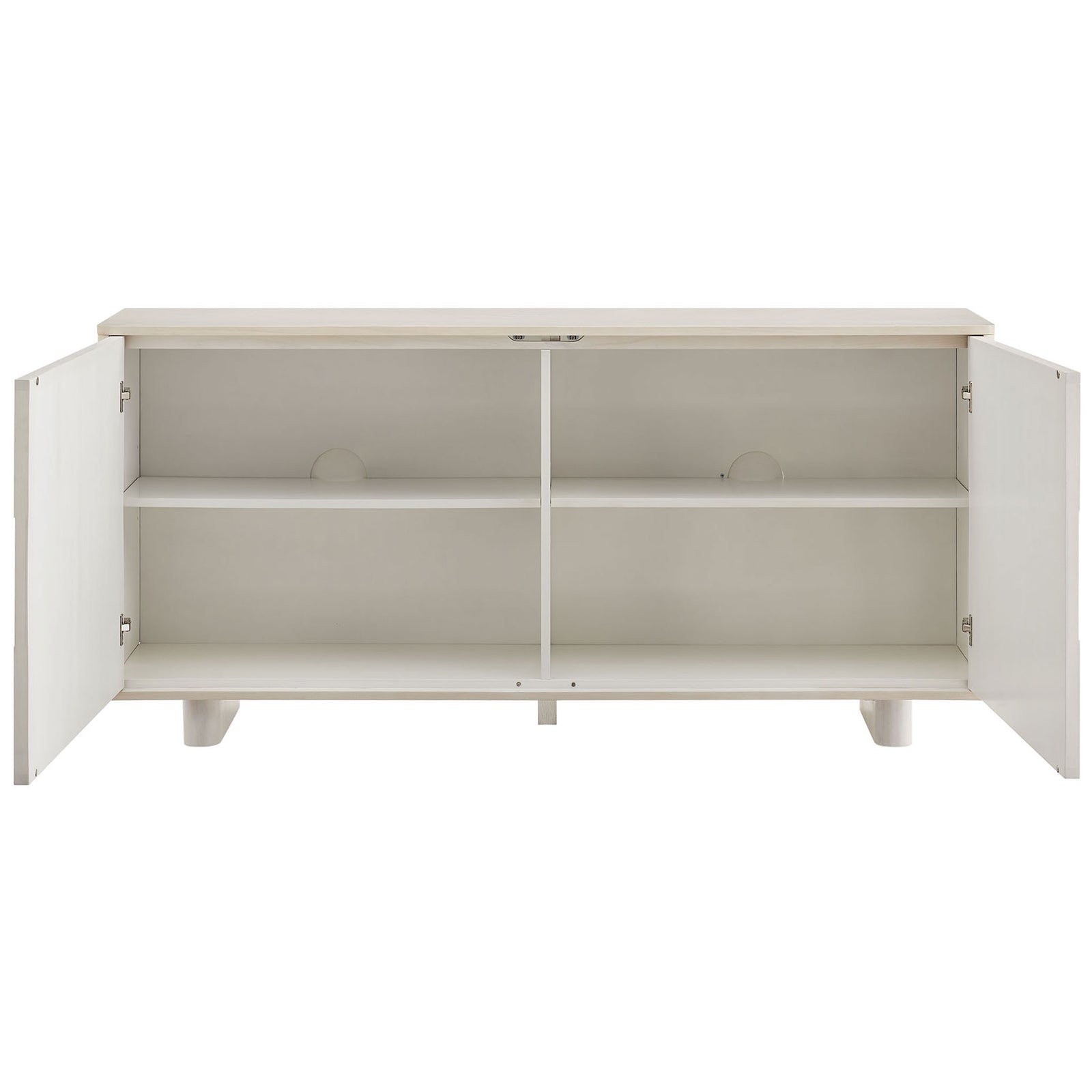 White-wash buffet cabinet with both doors open revealing adjustable shelves and cable management cutouts || EEI-7452-WWA || front_open_studio