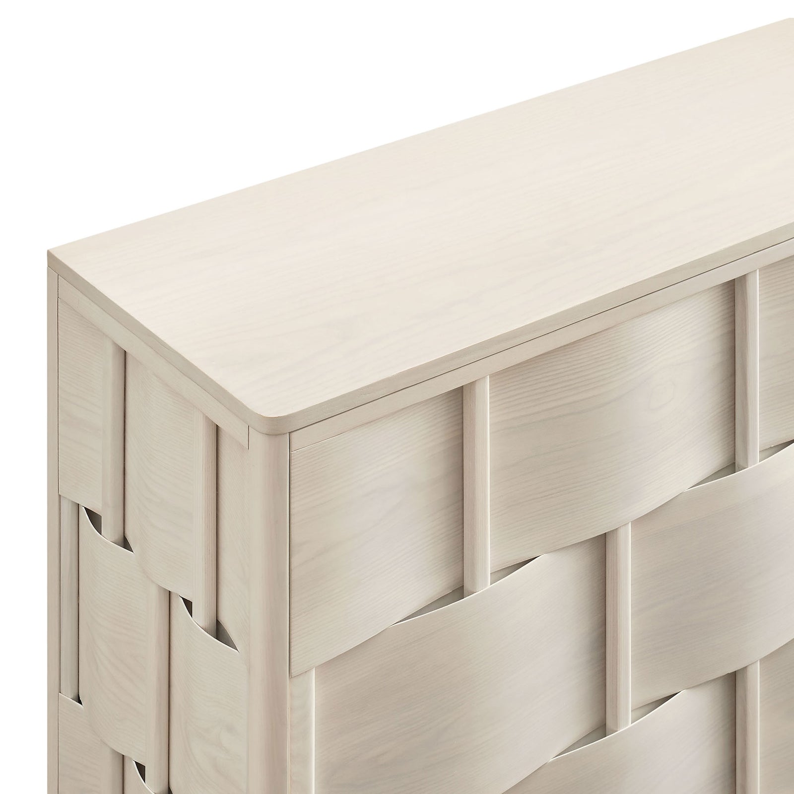 Close-up of the white-wash wood grain and sculpted woven-front panels on the buffet cabinet || EEI-7452-WWA || swatch_studio