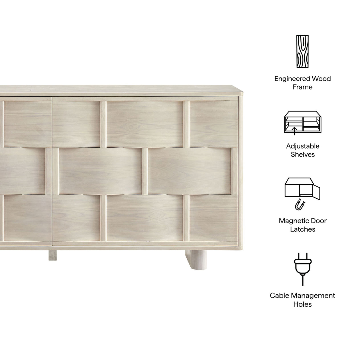White-wash buffet cabinet with icons highlighting engineered wood frame, adjustable shelves, and cable management || EEI-7452-WWA || callout_studio