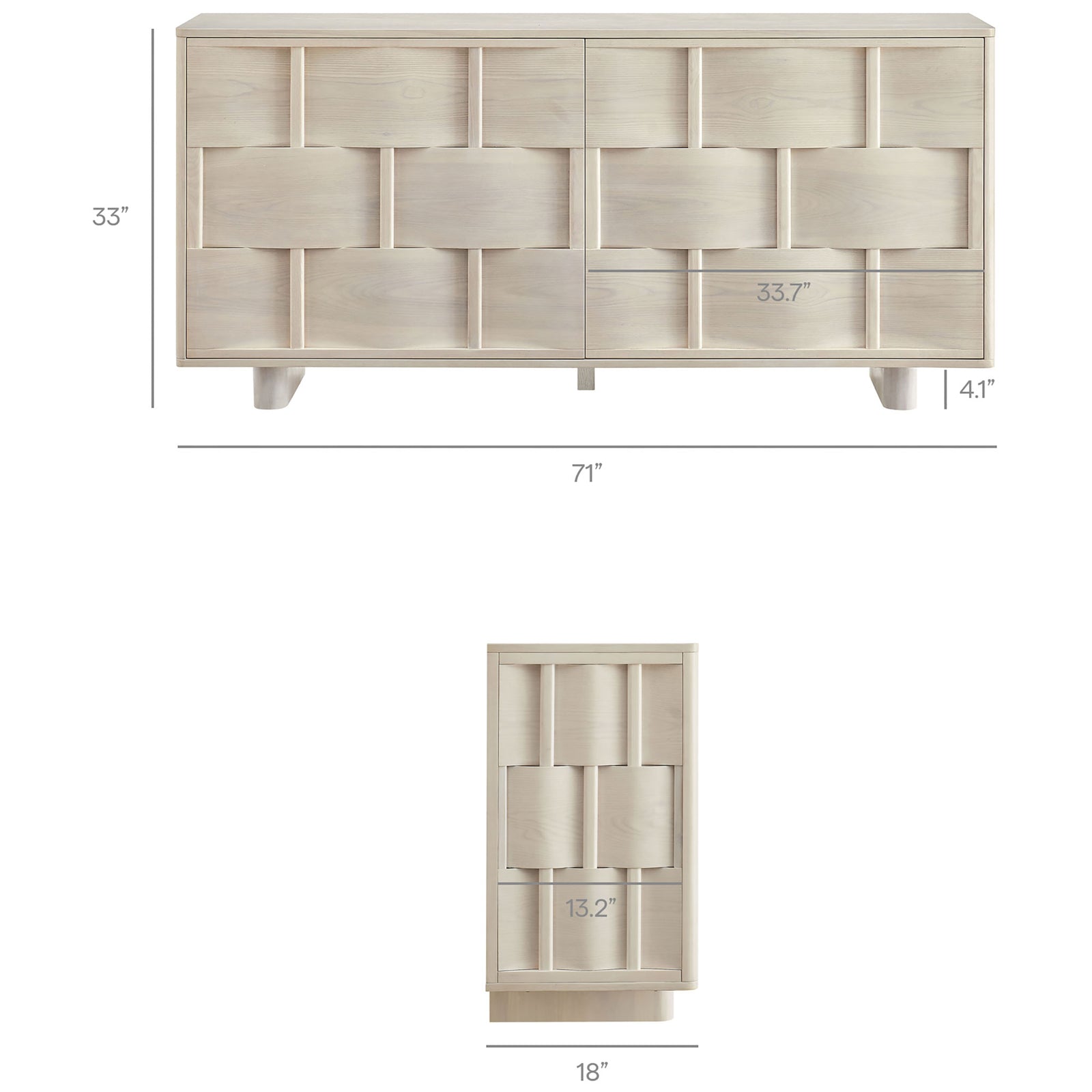 Dimension diagram of the white-wash buffet cabinet showing overall height, width, depth, and door panel size || EEI-7452-WWA || dimension_studio