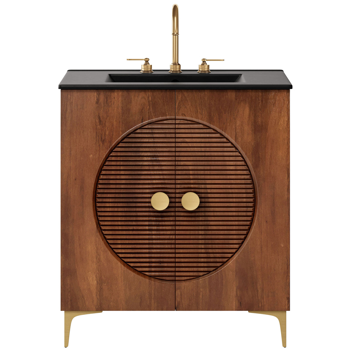 Walnut vanity with fluted circular doors, black countertop, and brass legs and knobs || EEI-7454-WAL-BLK || front_studio