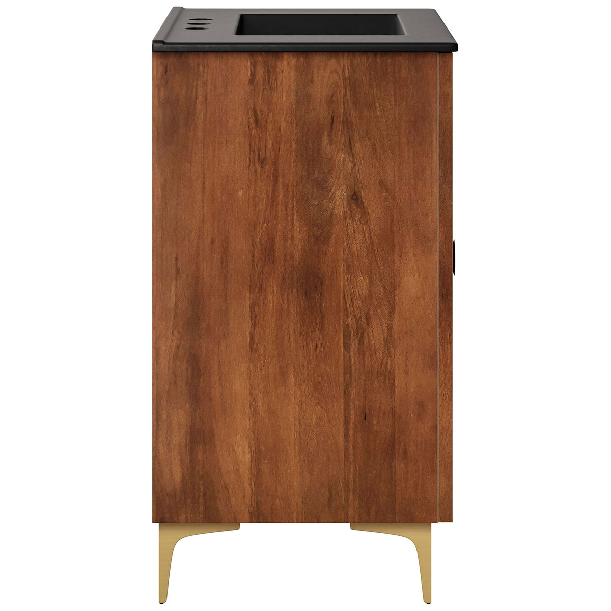 Smooth walnut side panels on a compact 30 inch vanity with tapered brass legs || EEI-7454-WAL-BLK || side_studio