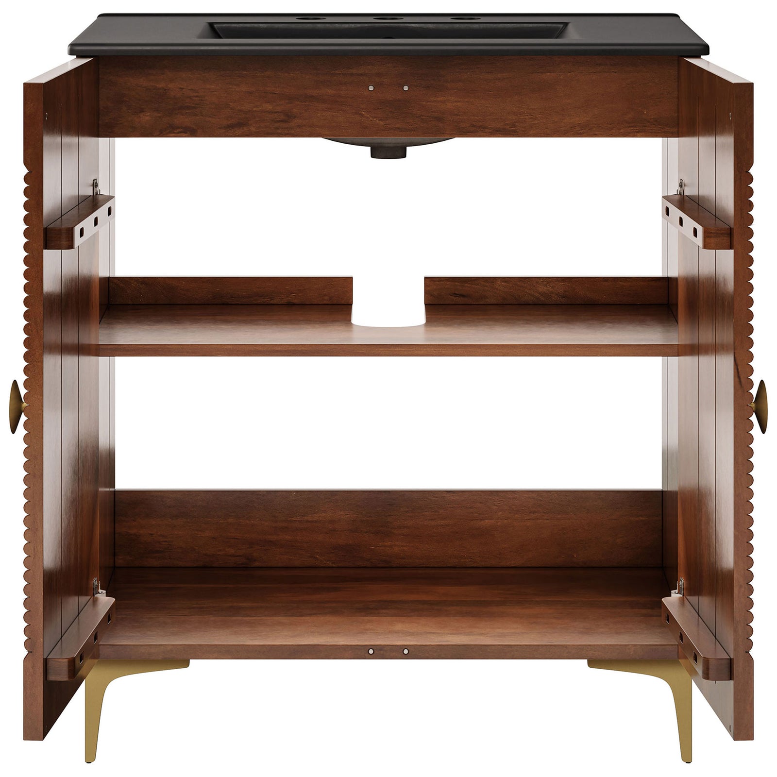 Spacious two-door cabinet with adjustable shelf keeps bath essentials neatly stored || EEI-7454-WAL-BLK || front_open_studio