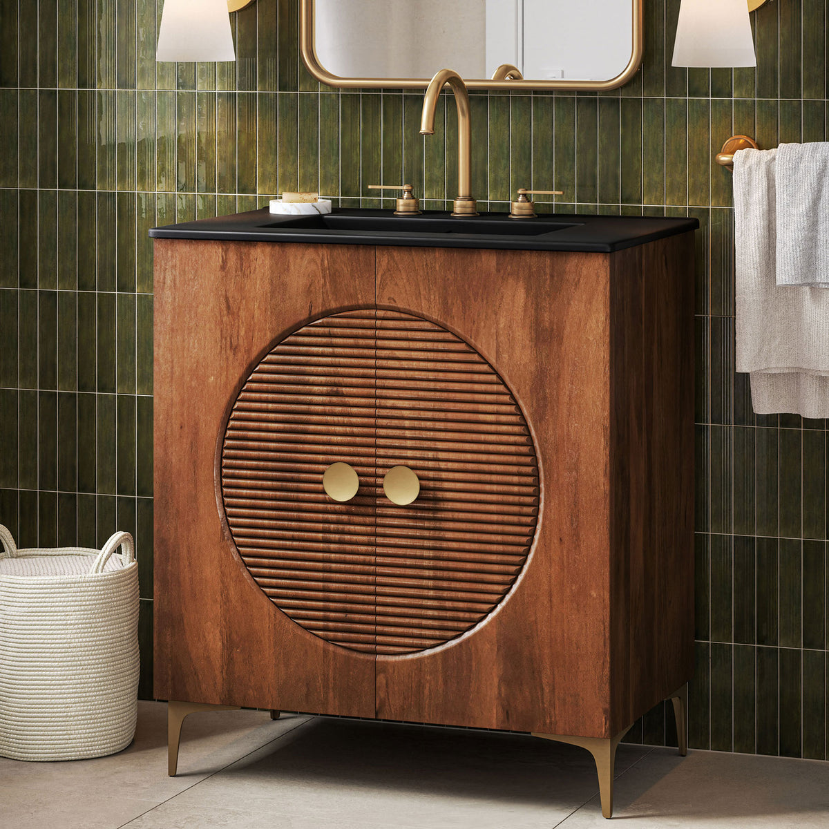 Statement vanity adds warmth with walnut wood, brass accents, and a sleek black sink || EEI-7454-WAL-BLK || front_angle_room