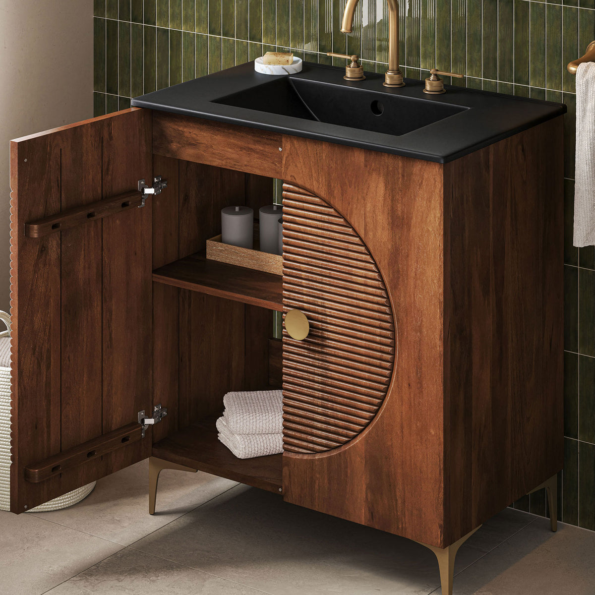 Open cabinet reveals practical storage while fluted door detail adds modern texture || EEI-7454-WAL-BLK || front_angle_open_room