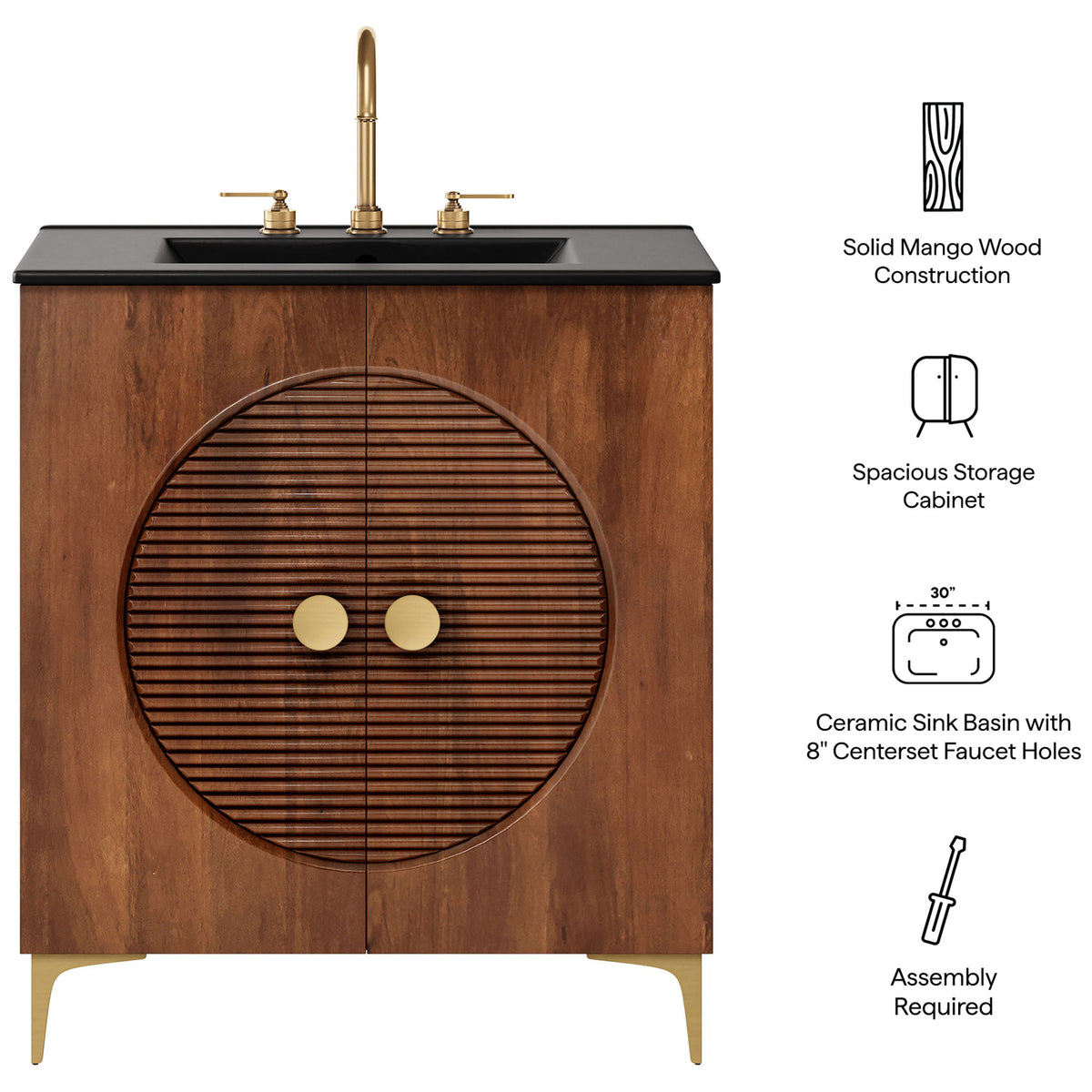 Feature callouts highlight solid mango wood, roomy storage, and pre-drilled faucet holes || EEI-7454-WAL-BLK || callout_studio