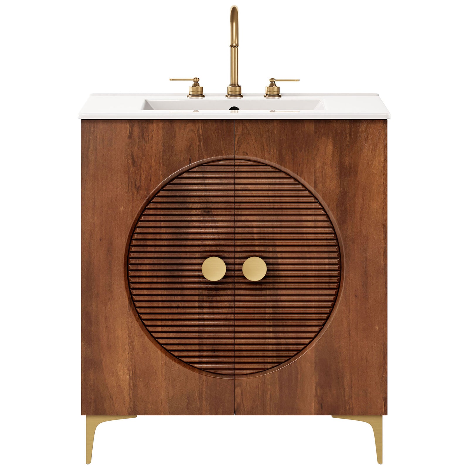Fluted walnut vanity with brass knobs and legs topped by a white ceramic sink || EEI-7454-WAL-WHI || front_studio
