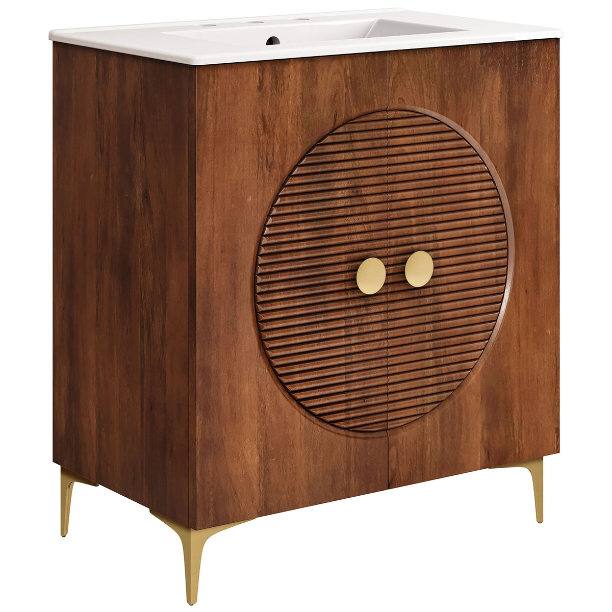 Sleek walnut cabinet shows circular fluted doors beneath a crisp integrated sink || EEI-7454-WAL-WHI || front_angle_studio