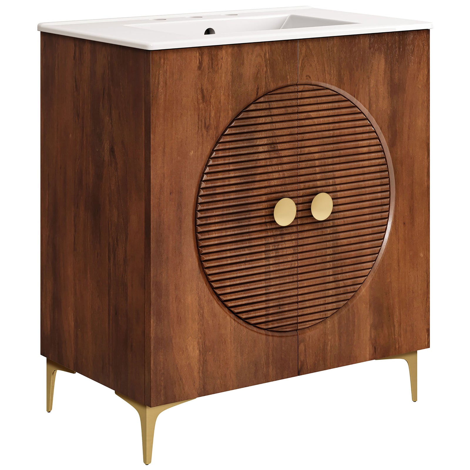 Sleek walnut cabinet shows circular fluted doors beneath a crisp integrated sink || EEI-7454-WAL-WHI || front_angle_studio
