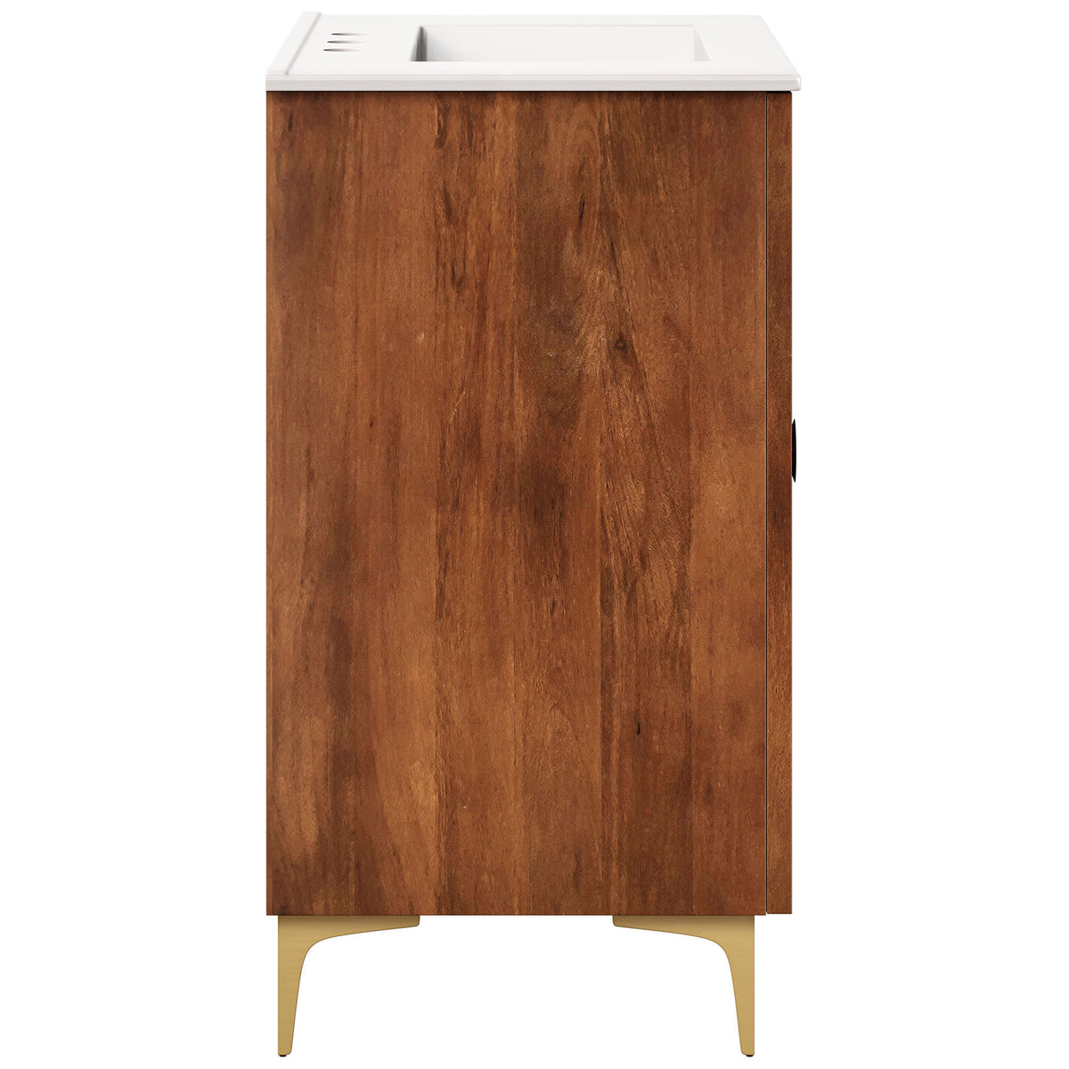 Side profile highlights warm mango wood grain and tapered brass-finished legs || EEI-7454-WAL-WHI || side_studio