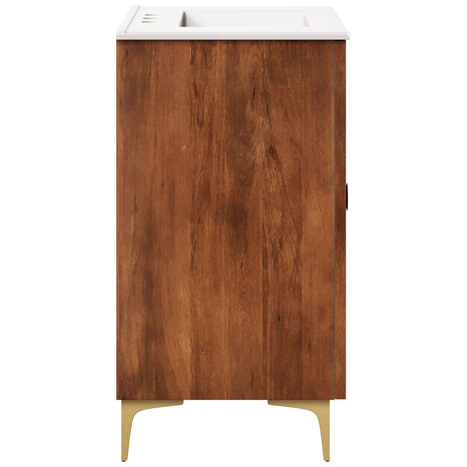 Side profile highlights warm mango wood grain and tapered brass-finished legs || EEI-7454-WAL-WHI || side_studio
