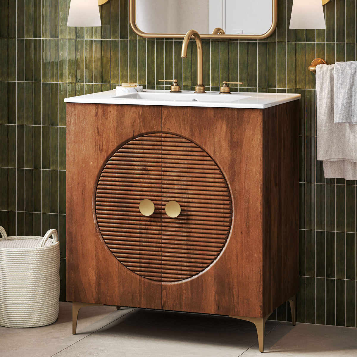 Statement vanity elevates the bath with rich wood, sculpted doors, and gleaming accents || EEI-7454-WAL-WHI || front_angle_room