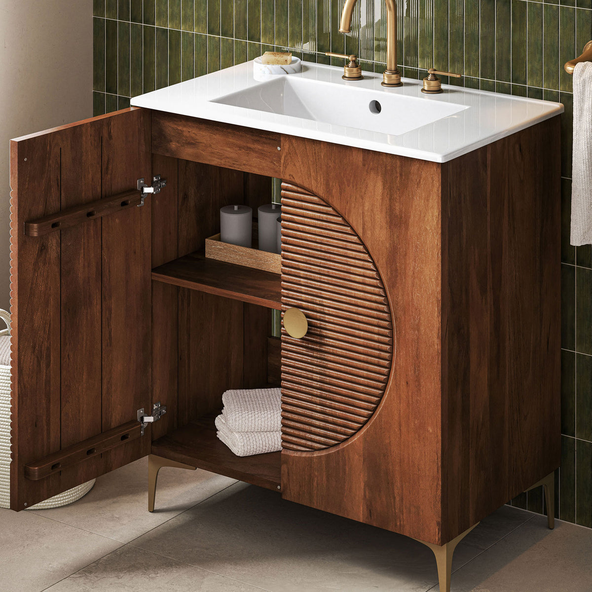 Open cabinet keeps towels and essentials within reach in a stylish fluted design || EEI-7454-WAL-WHI || front_angle_open_room