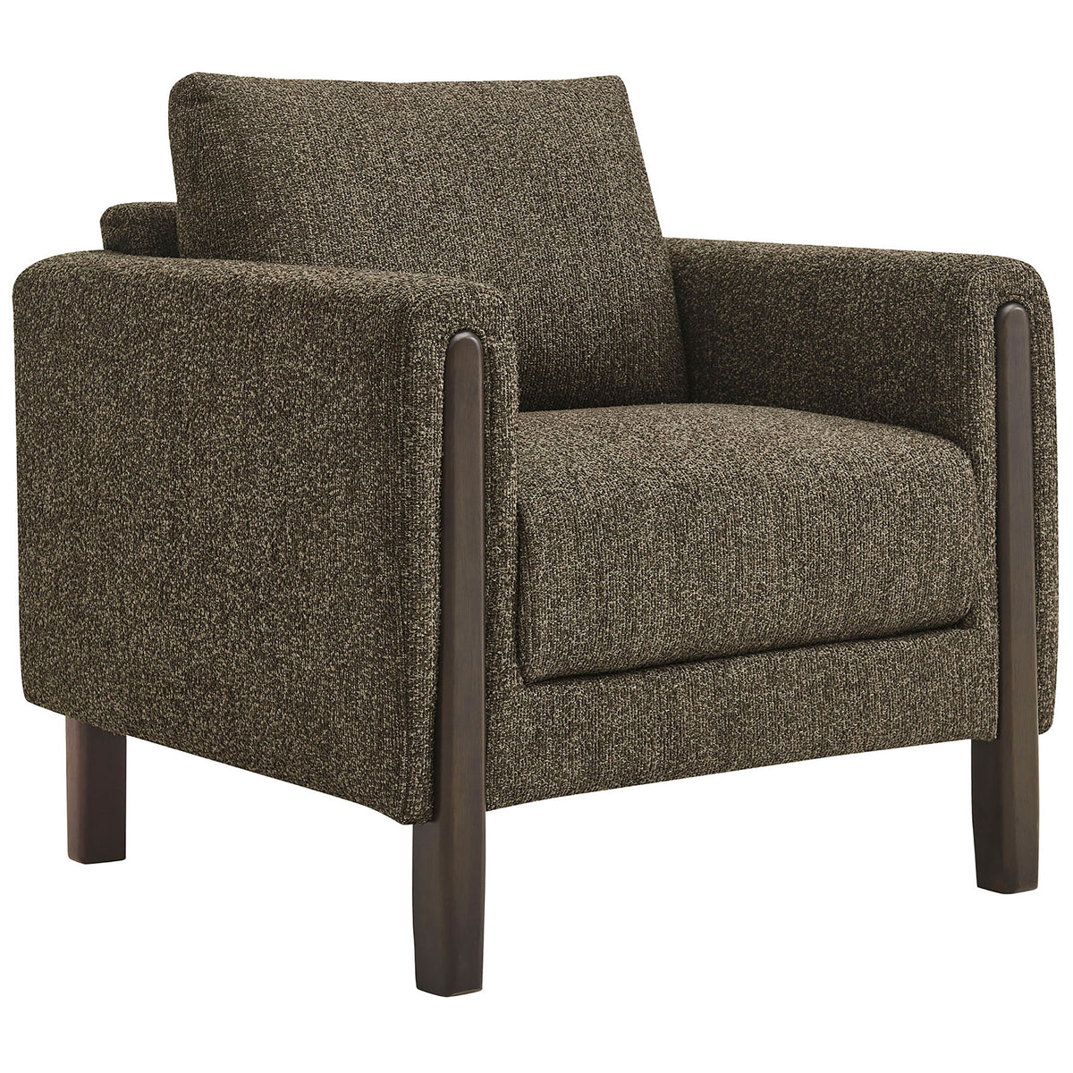 Deep seat and curved armrests invite lounging, while the dark wood posts add refined contrast. || EEI-7459-ATQ-ESP || front_angle_studio