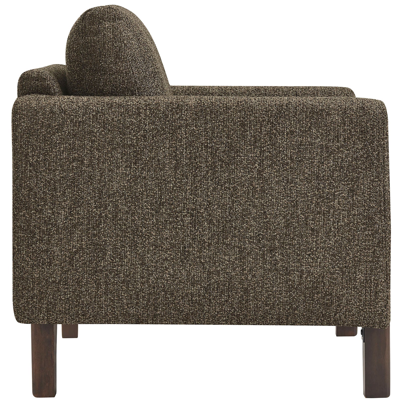 Streamlined profile showcases thick armrests, supportive back cushion, and tapered solid wood legs. || EEI-7459-ATQ-ESP || side_studio