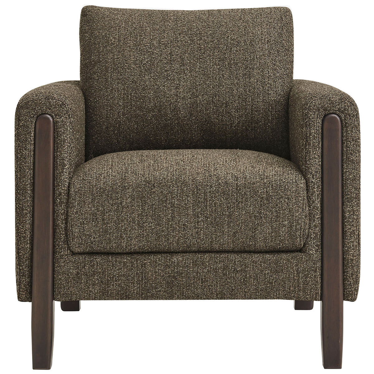 Cozy boucle armchair in antique espresso with plush cushions and rounded solid wood legs for modern warmth. || EEI-7459-ATQ-ESP || front_studio
