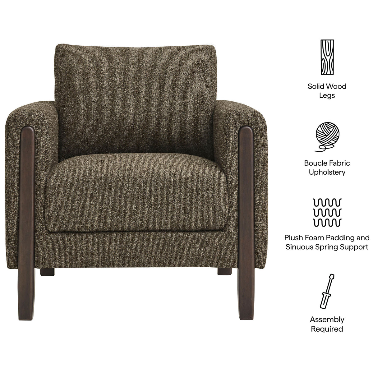 Solid wood legs, plush foam, and boucle upholstery combine for comfort and timeless style. || EEI-7459-ATQ-ESP || callout_studio