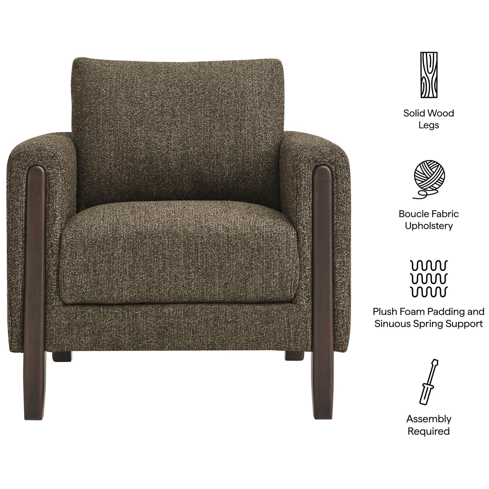 Solid wood legs, plush foam, and boucle upholstery combine for comfort and timeless style. || EEI-7459-ATQ-ESP || callout_studio