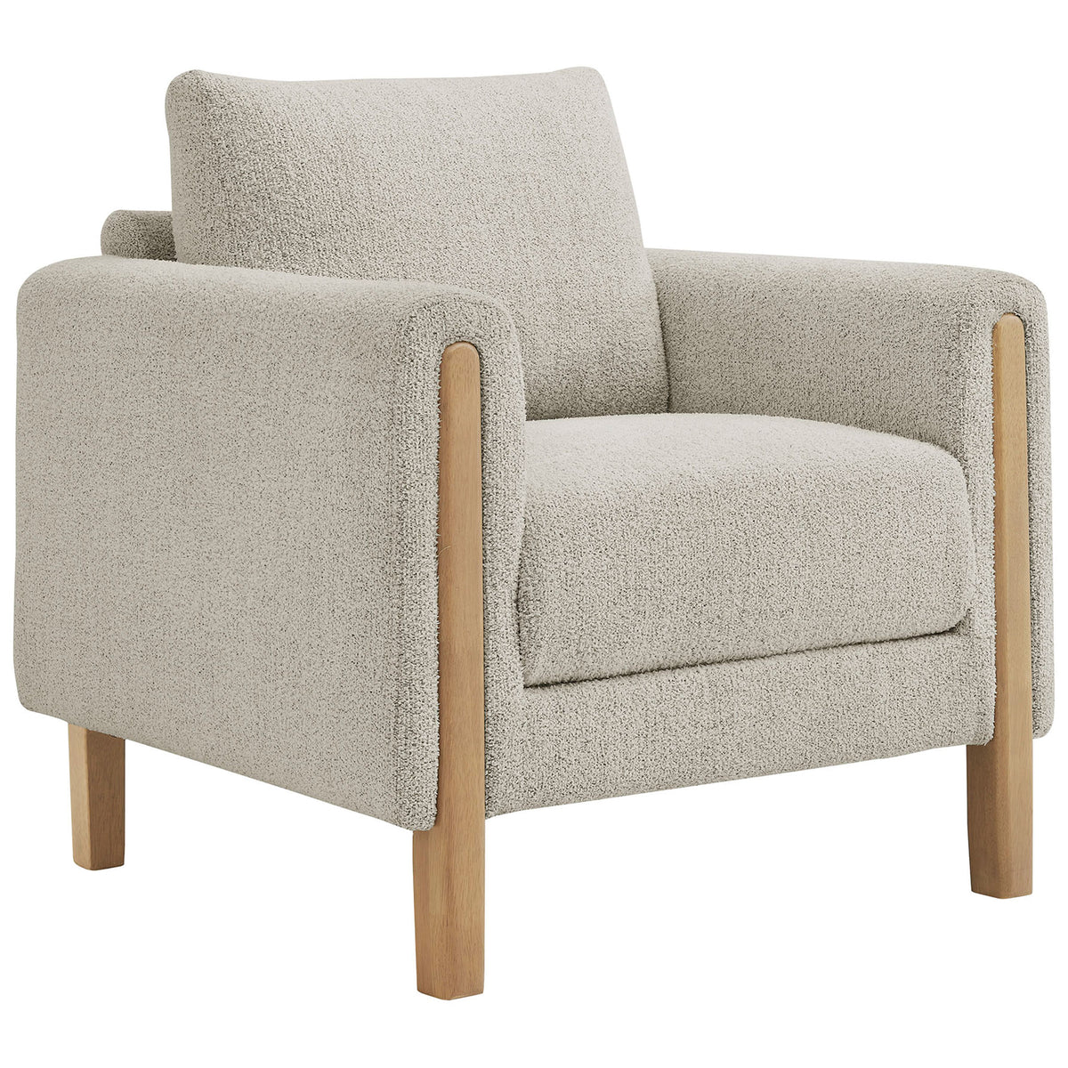 Wide, cushioned seat and rounded arms in parchment boucle with solid beech legs for everyday lounging || EEI-7459-PCH-BEE || front_angle_studio