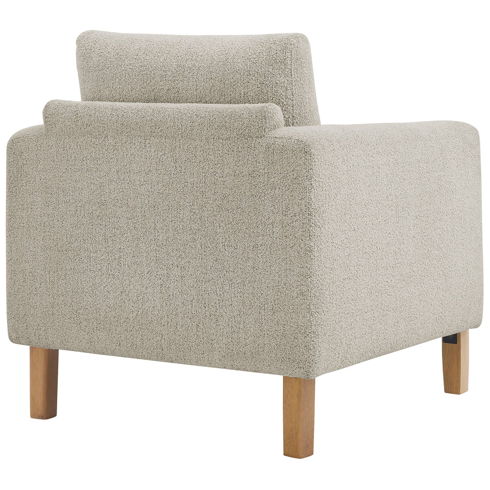 Clean-lined back cushion and tailored silhouette grounded by sturdy beech wood legs || EEI-7459-PCH-BEE || back_angle_studio