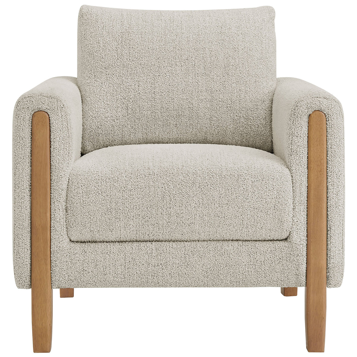 Cozy boucle armchair with plush cushions and warm beech wood legs for timeless, inviting comfort || EEI-7459-PCH-BEE || front_studio