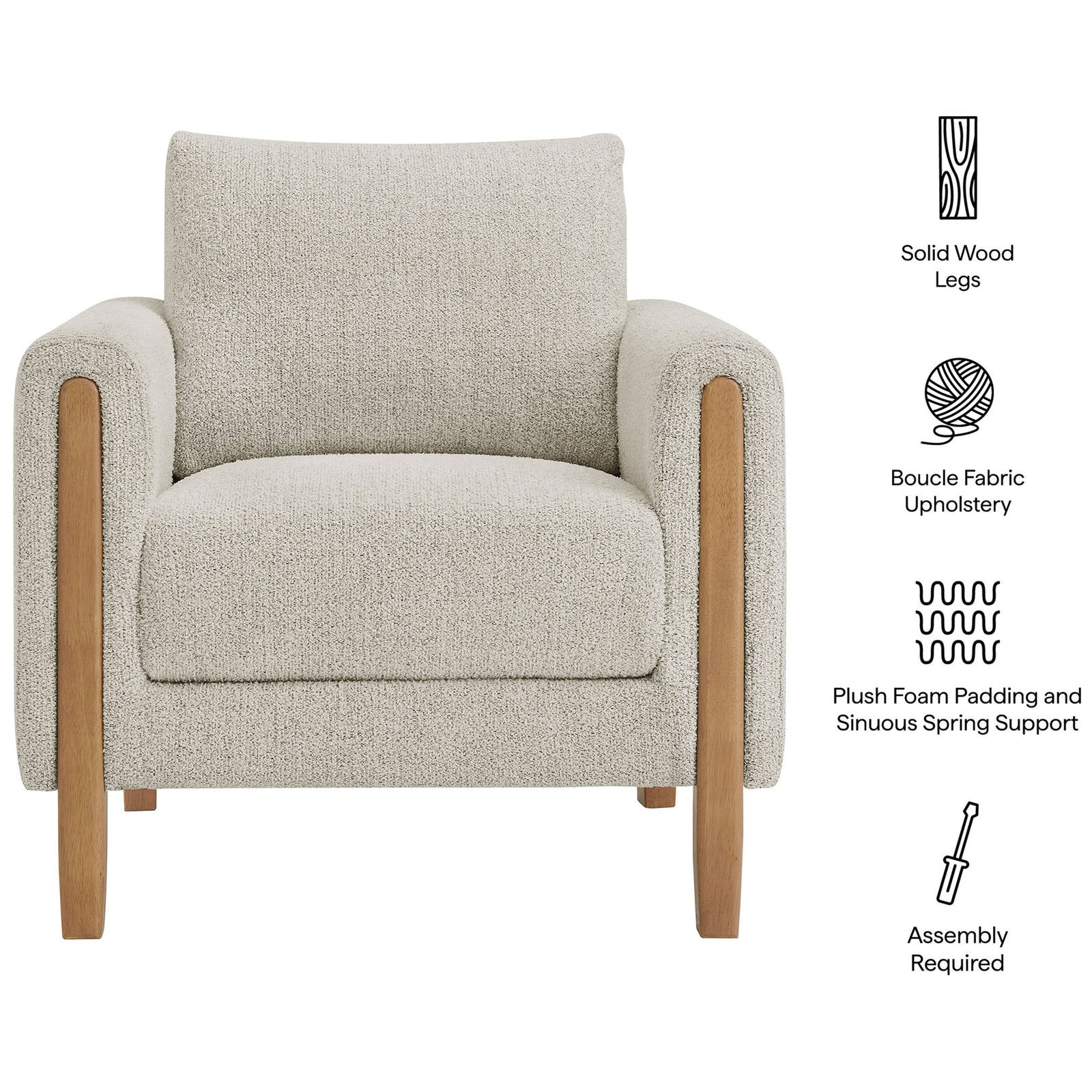 Solid wood legs, boucle upholstery, and supportive cushioning stand out || EEI-7459-PCH-BEE || callout_studio