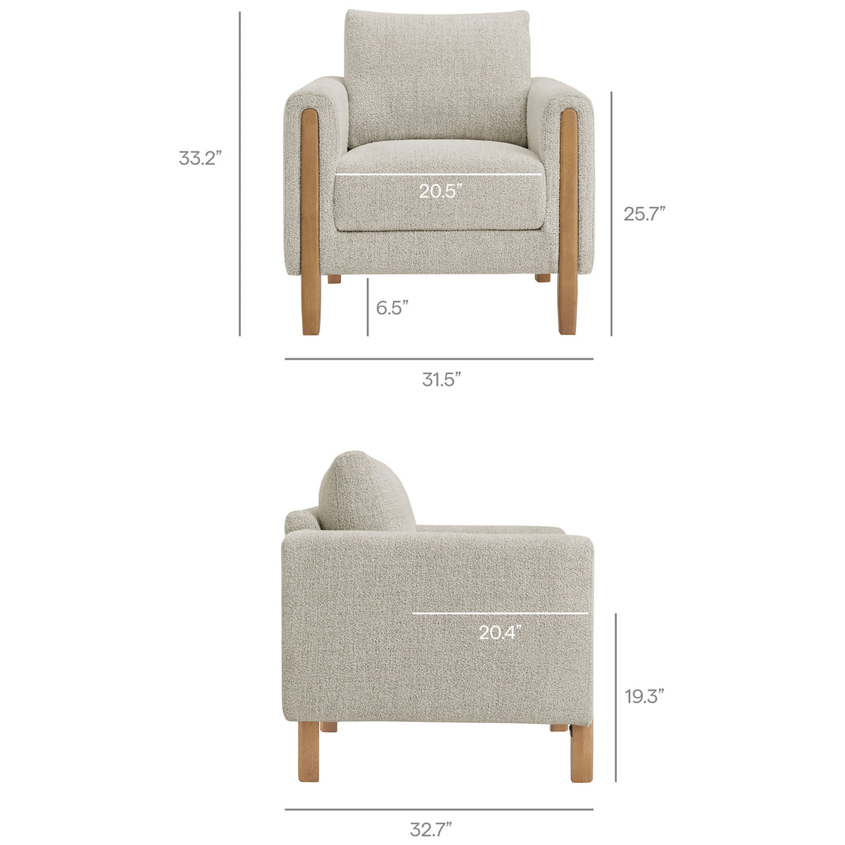 Clearly labeled measurements include overall height and width plus seat width, depth, and arm height || EEI-7459-PCH-BEE || dimension_studio