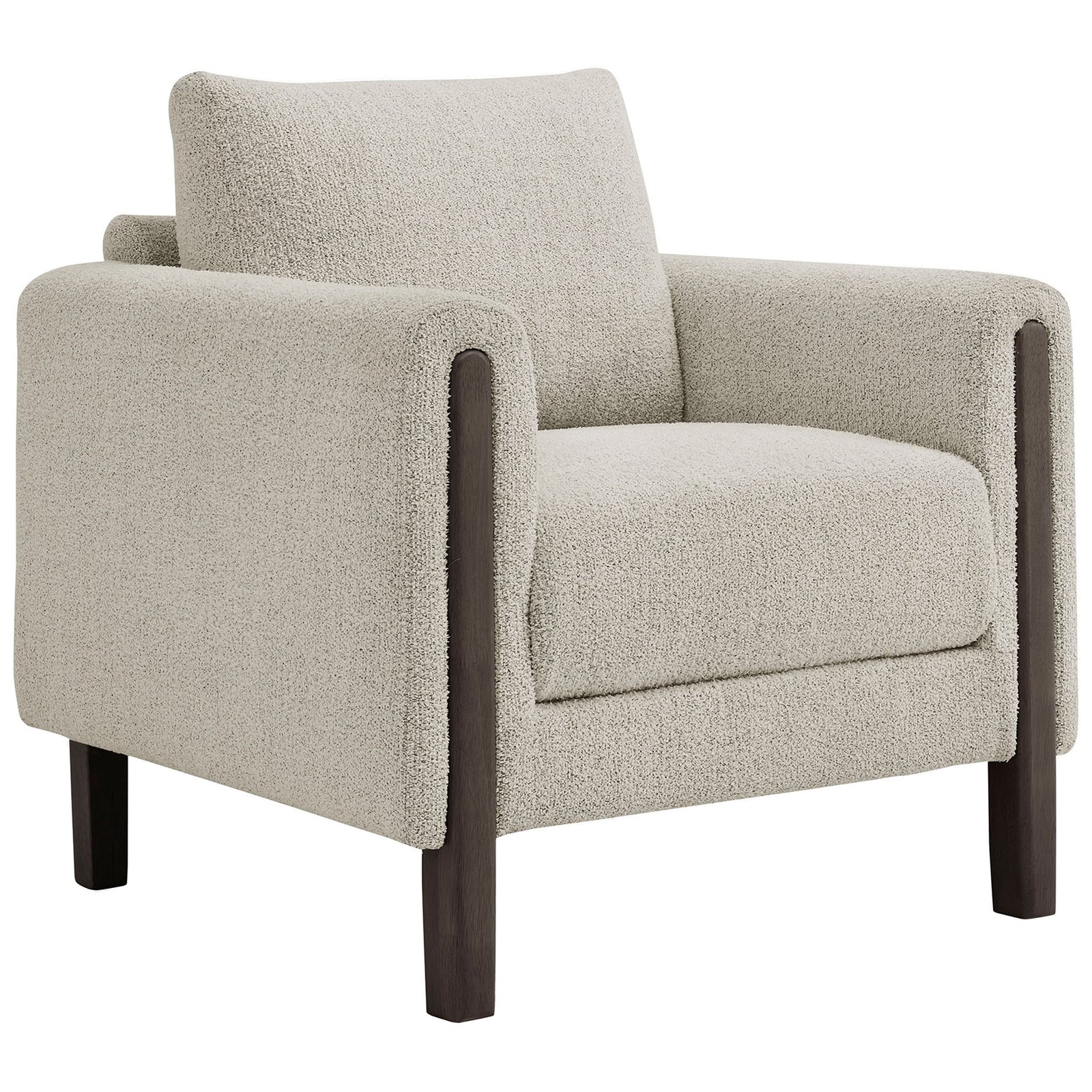 Textured boucle upholstery and rounded arms invite relaxed lounging with timeless appeal. || EEI-7459-PCH-ESP || front_angle_studio