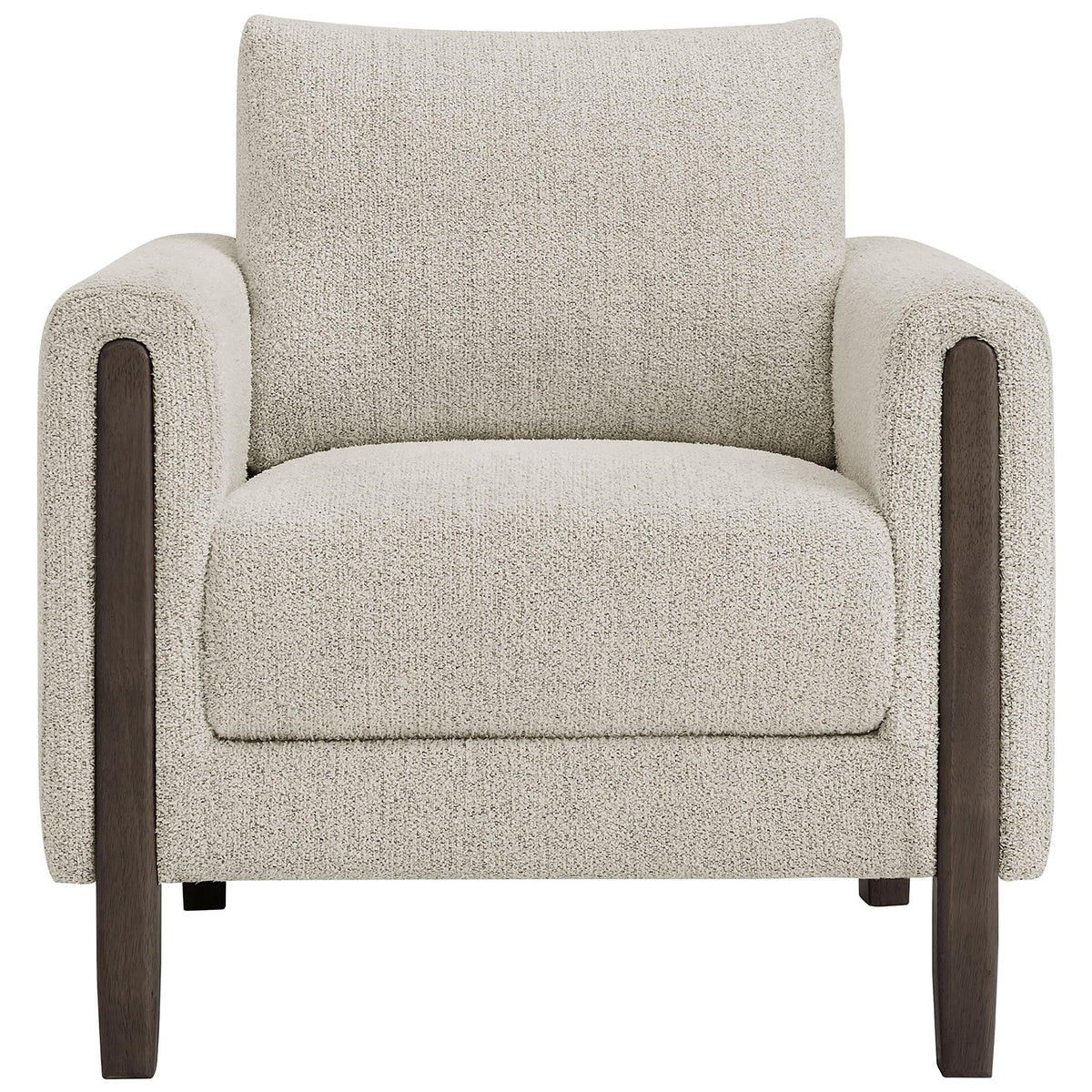 Modern boucle armchair with wide seat, rounded arms, and espresso wood legs for cozy comfort. || EEI-7459-PCH-ESP || front_studio