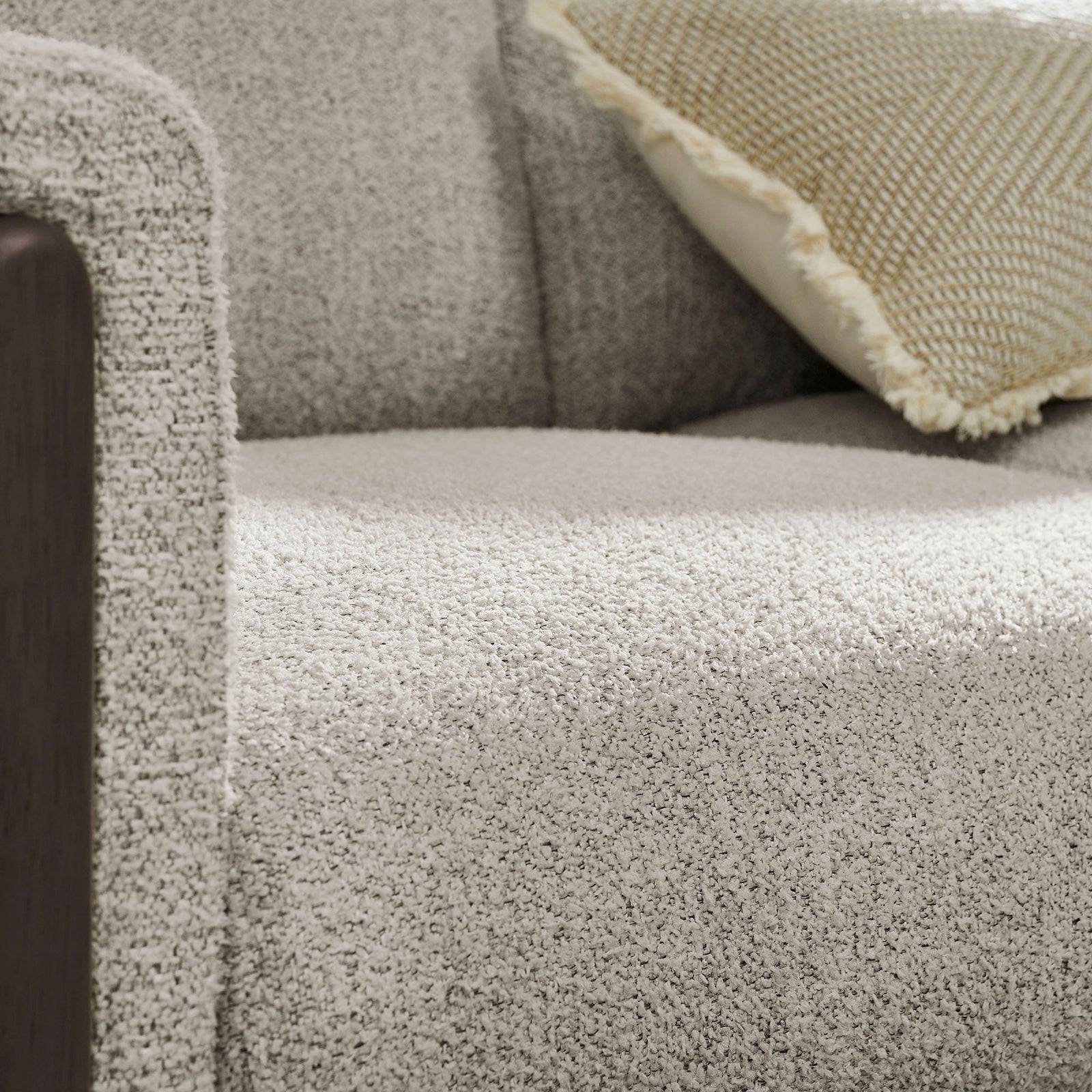Cozy boucle seat pairs with warm wood accents for a welcoming, lived-in feel. || EEI-7459-PCH-ESP || detail_room