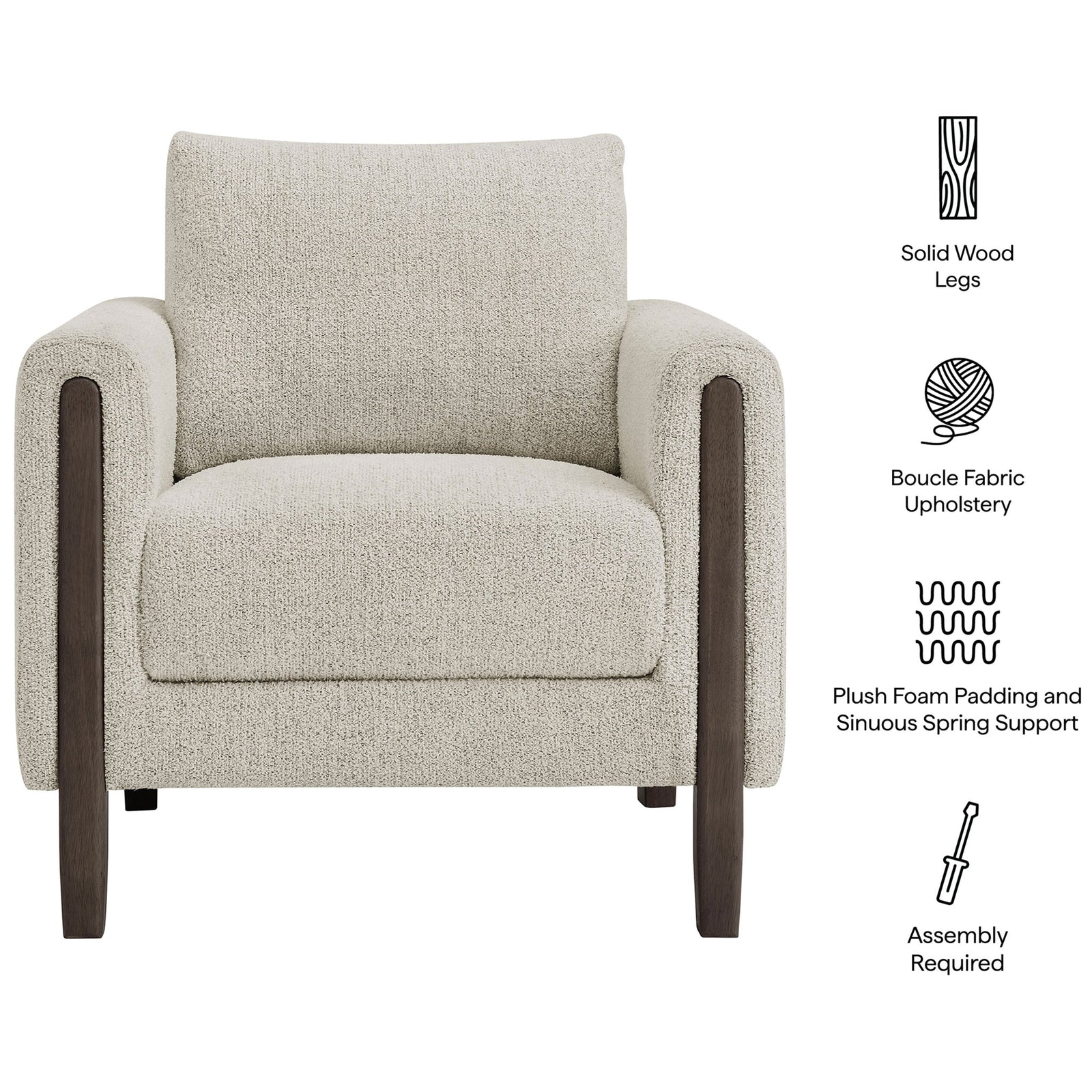 Solid wood legs and sinuous spring support pair with plush foam and boucle for lasting comfort. || EEI-7459-PCH-ESP || callout_studio