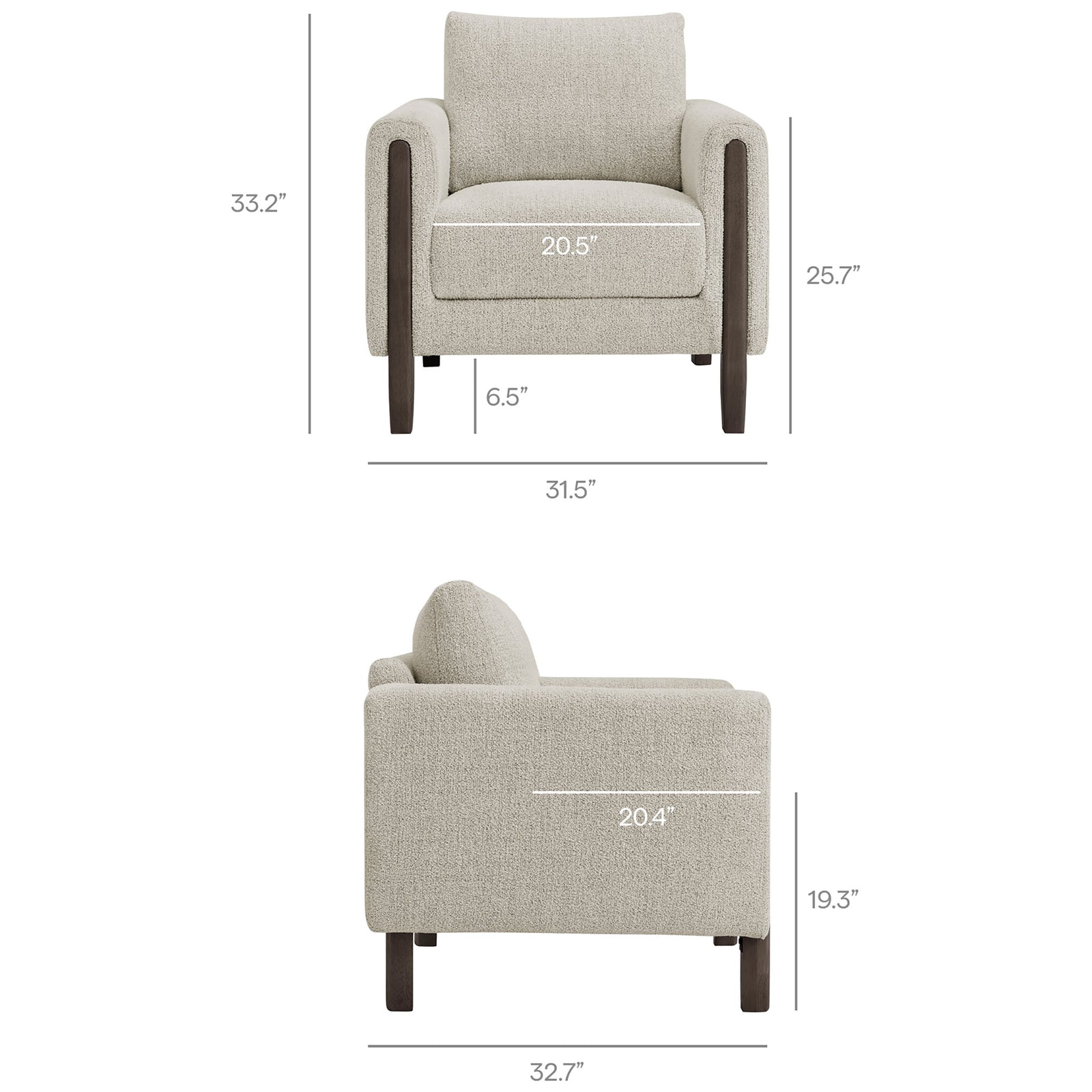 Compact footprint with generous seating proportions fits effortlessly in living rooms and bedrooms. || EEI-7459-PCH-ESP || dimension_studio